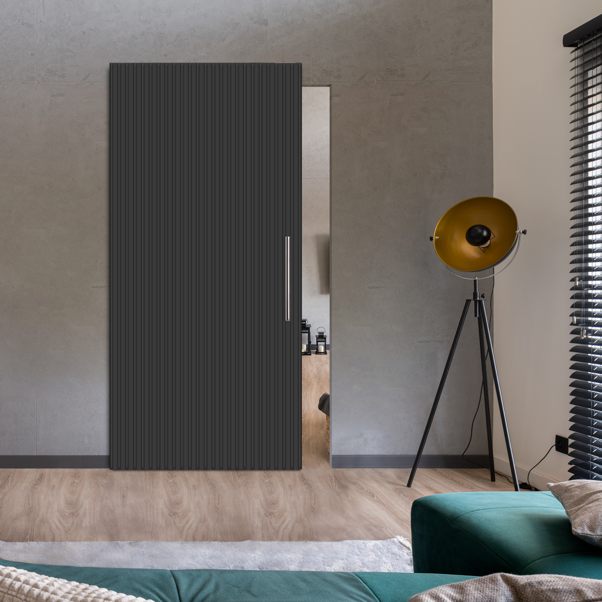 Fluted Wooden Sliding Barn Door Hidden Invisible Hardware (Grey)