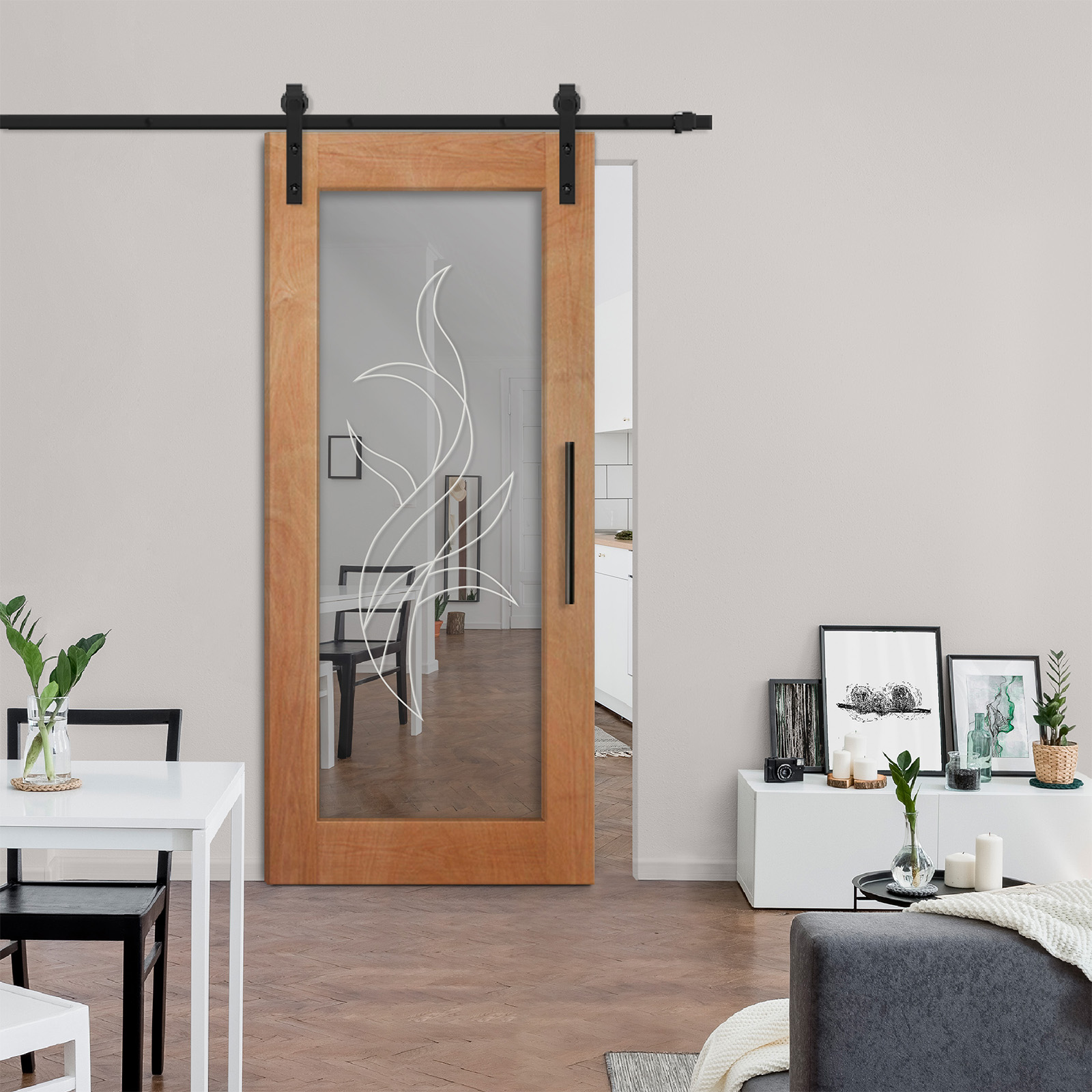 Premium Hardwood Sliding Barn Door with Mirror & Frosted Designs Soilid Wood (Carbon Steel)