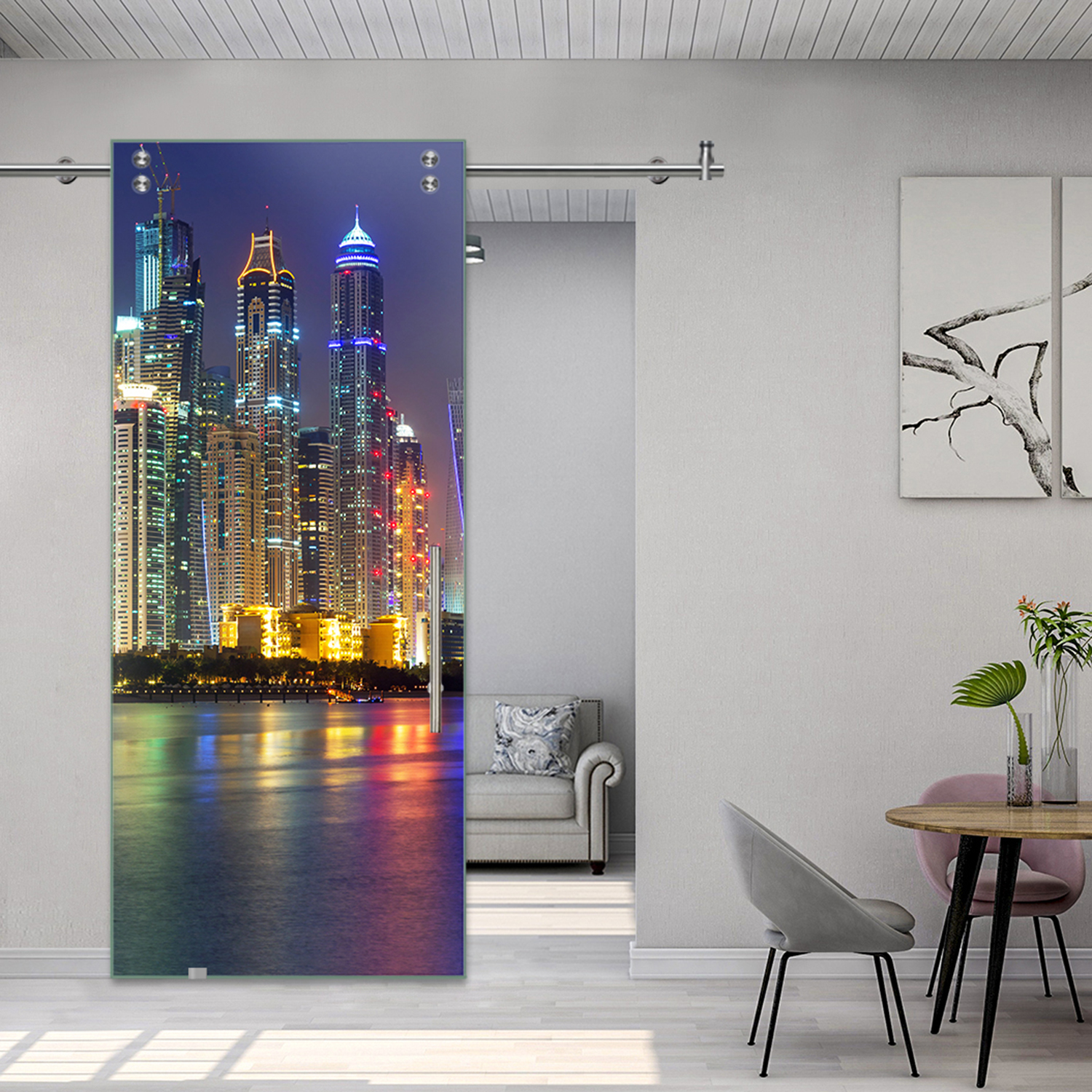 Digital Printing Sliding Barn Glass Door with Stainless Steel Hardware & T-handle (Dubai at Night)