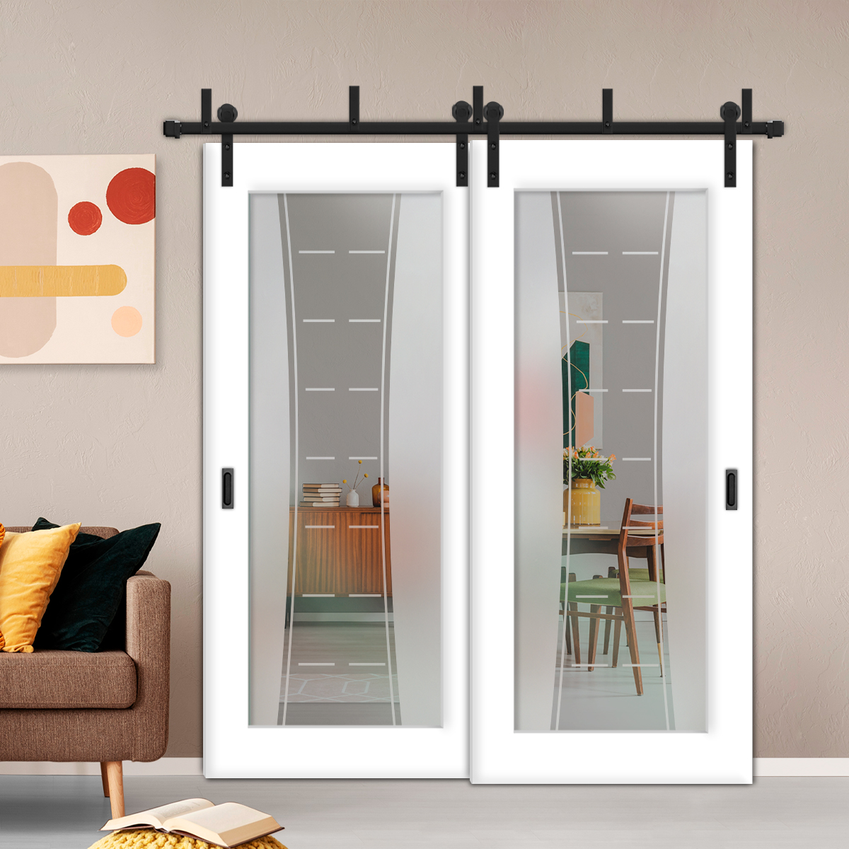 2 Leaf Sliding Barn Bypass Doors with Glass Insert BGD-4393
