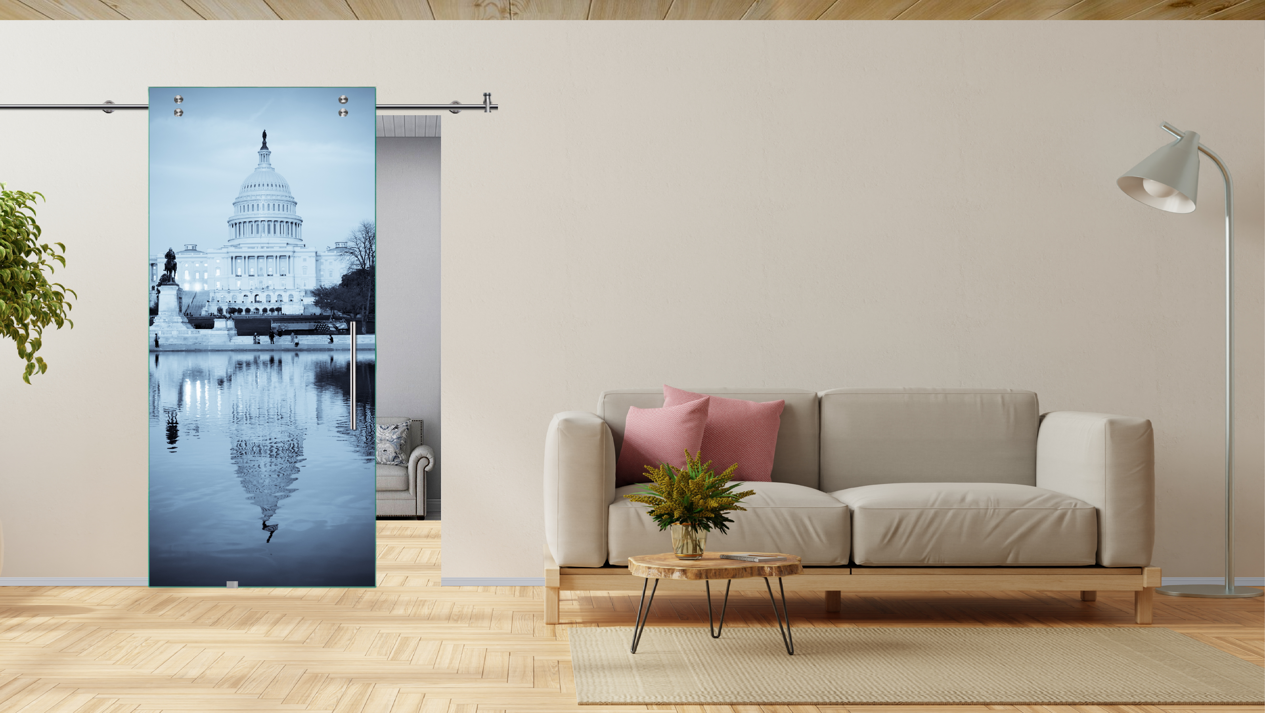 Digital Printing Sliding Barn Glass Door with Stainless Steel Hardware & T-handle (Capitol Building, United States)