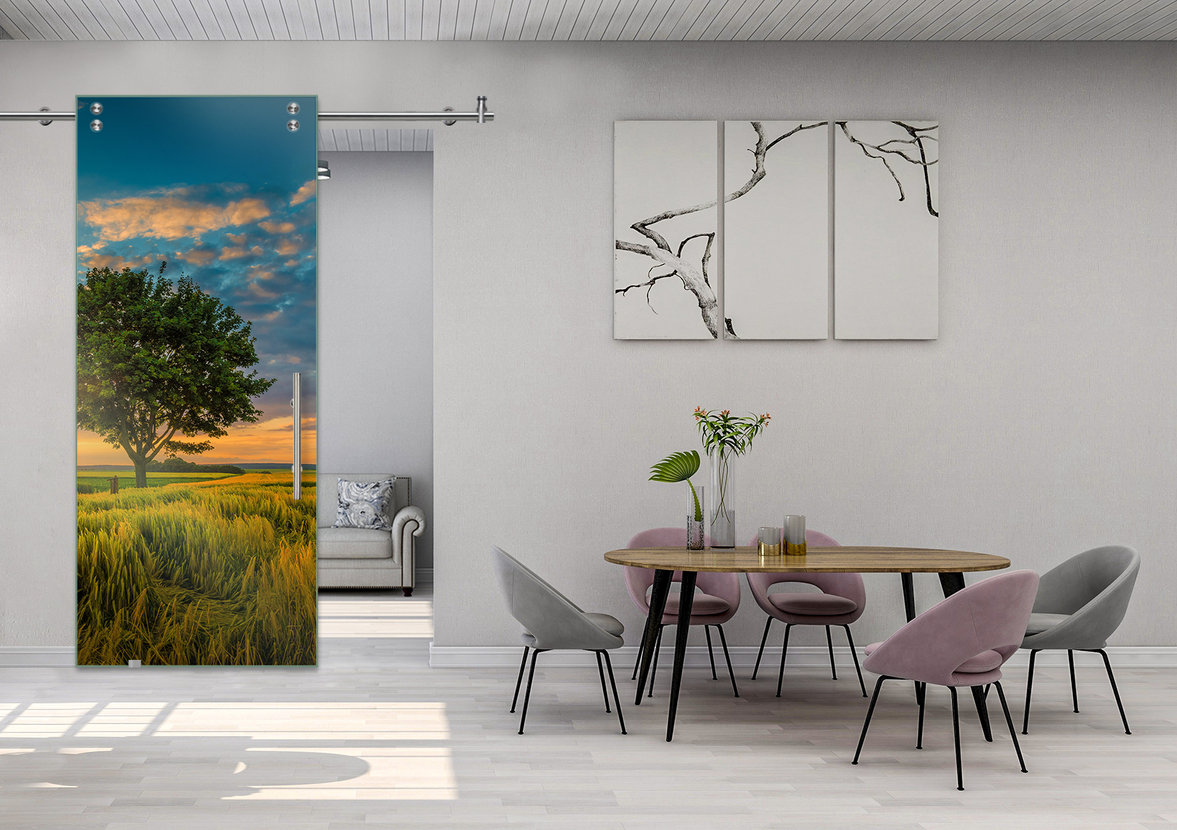 Digital Printing Sliding Barn Glass Door with Stainless Steel Hardware & T-handle (Farm View)