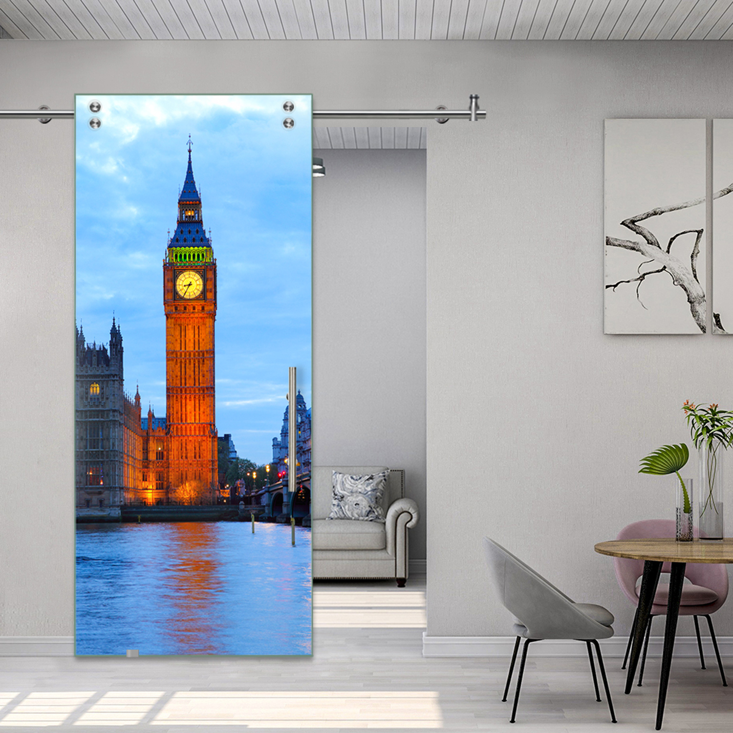 Digital Printing Sliding Barn Glass Door with Stainless Steel Hardware & T-handle (London- Big Ben)
