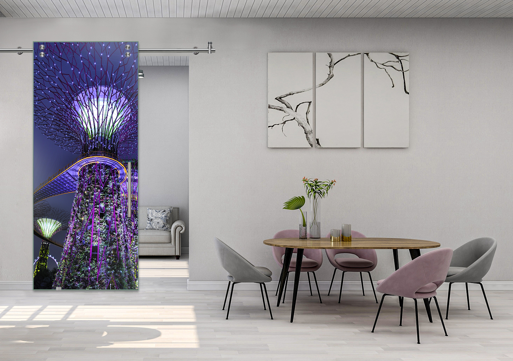 Digital Printing Sliding Barn Glass Door with Stainless Steel Hardware & T-handle (Singapore Bayfron)