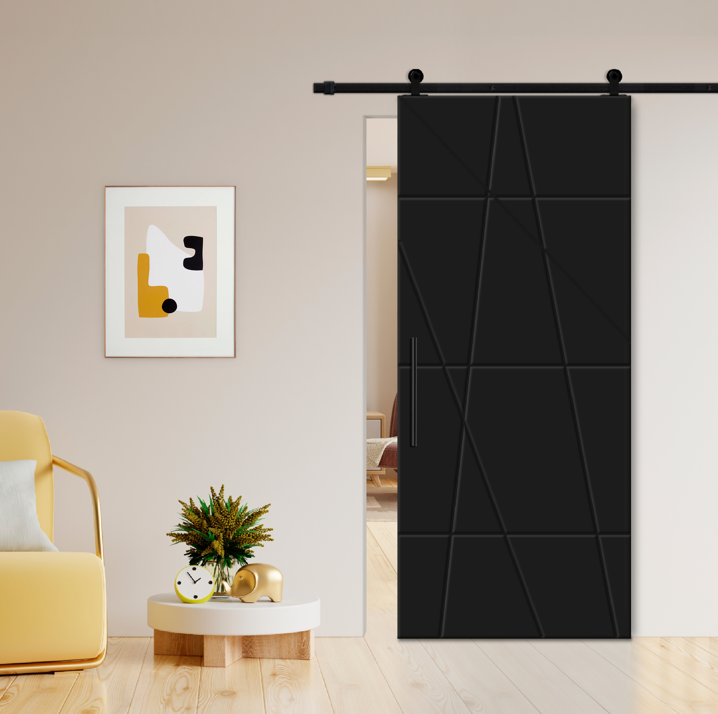 Flush Sliding Barn Door with CNC Engraving CCD-7698 Black (Carbon steel)