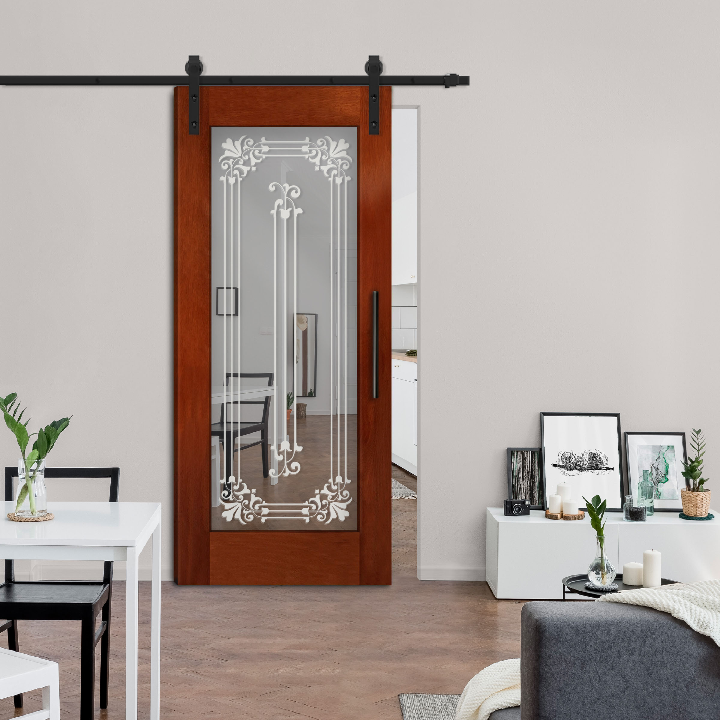 Solid magohany wood door with mirror insert (frosted design) and carbon steel sliding system