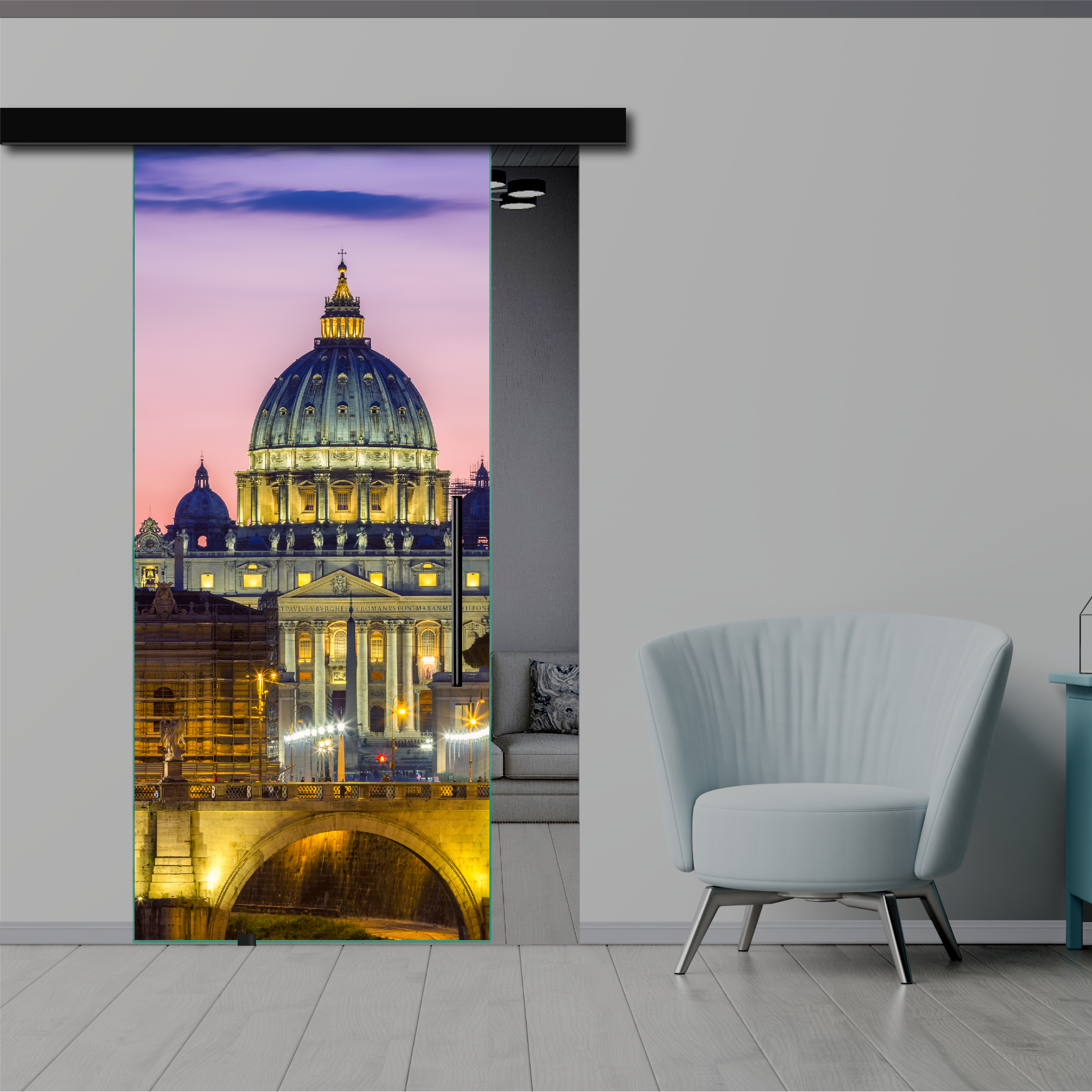  Frameless Sliding Glass Barn Door with Digital Printing + Black Hardware (T-Handle)