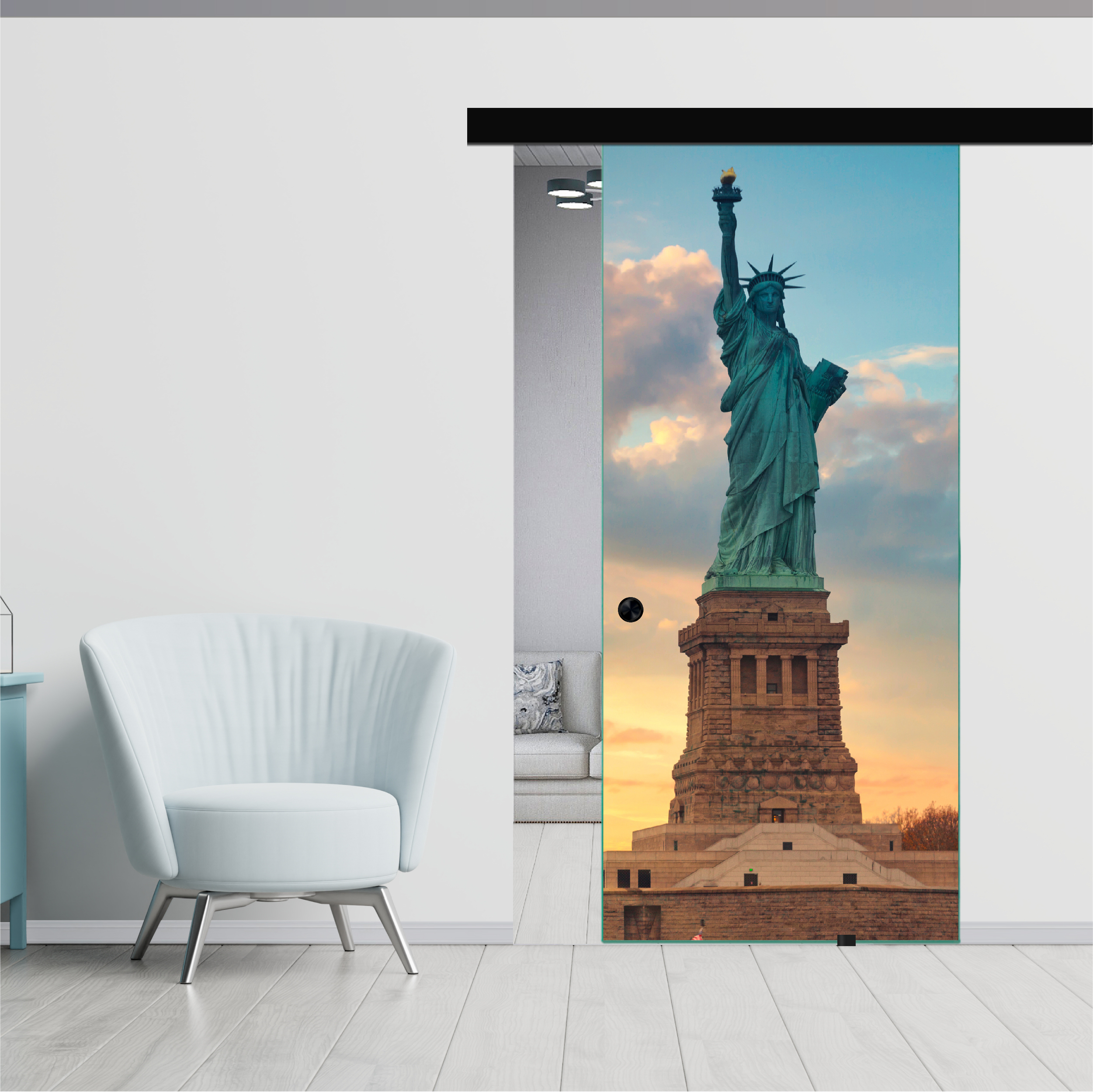 Frameless Sliding Glass Barn Door with Digital Printing + Black Hardware (Recessed Grip)