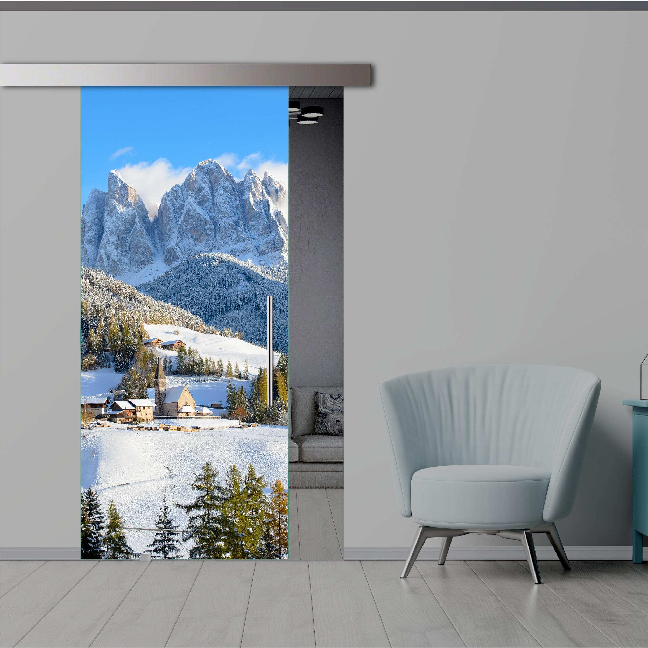 Frameless Sliding Glass Barn Door with Digital Printing + Alu Gray Hardware (T-Handle)