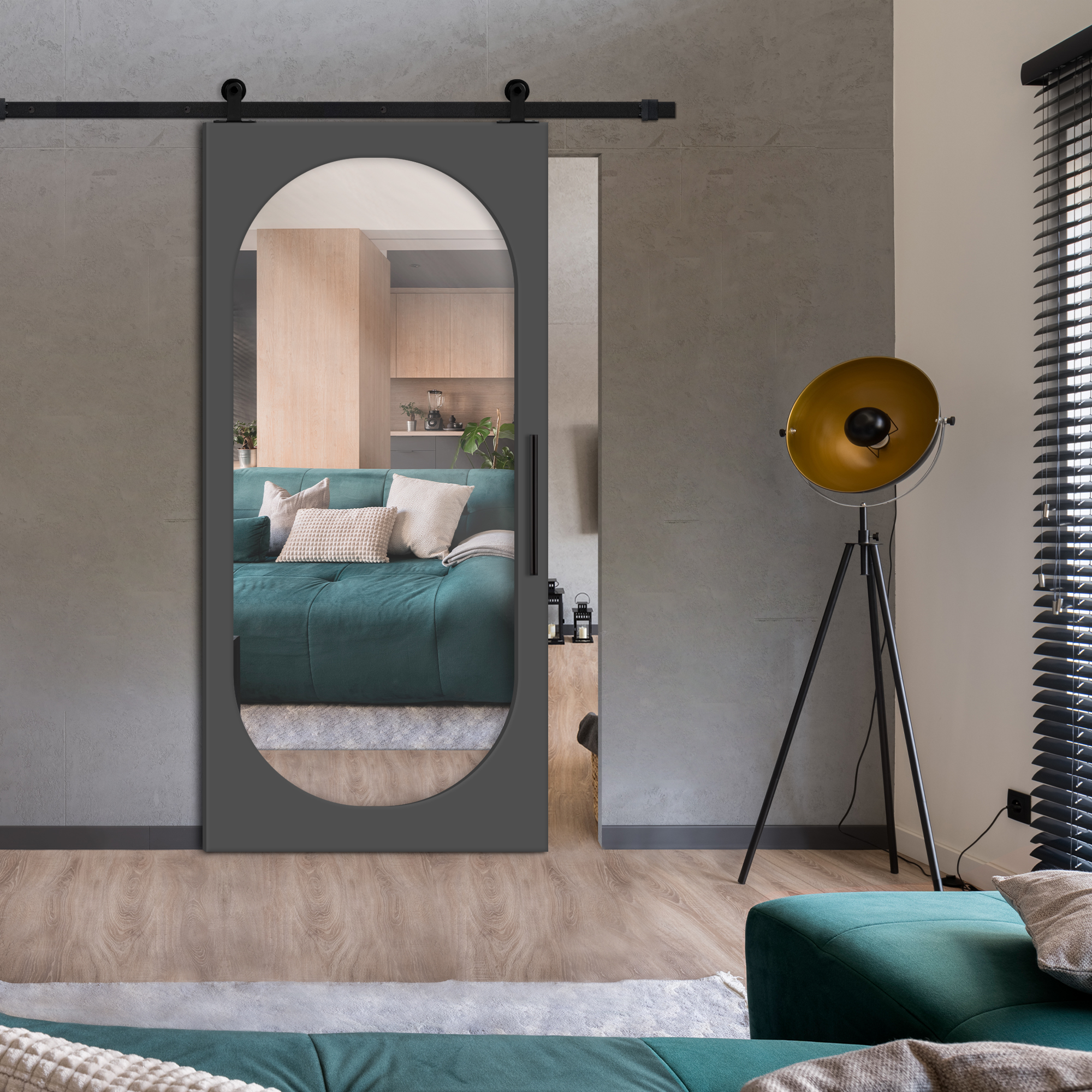 Mirror Sliding Barn Door with  Oval Shape Mirror Insert  (Carbon steel hardware) WMD-7649