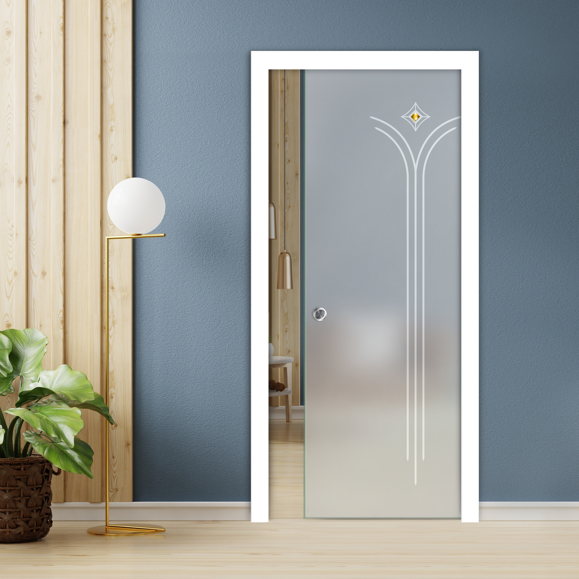 Pocket Sliding Glass Door with Frosted Design + Gemstones (Non-private)