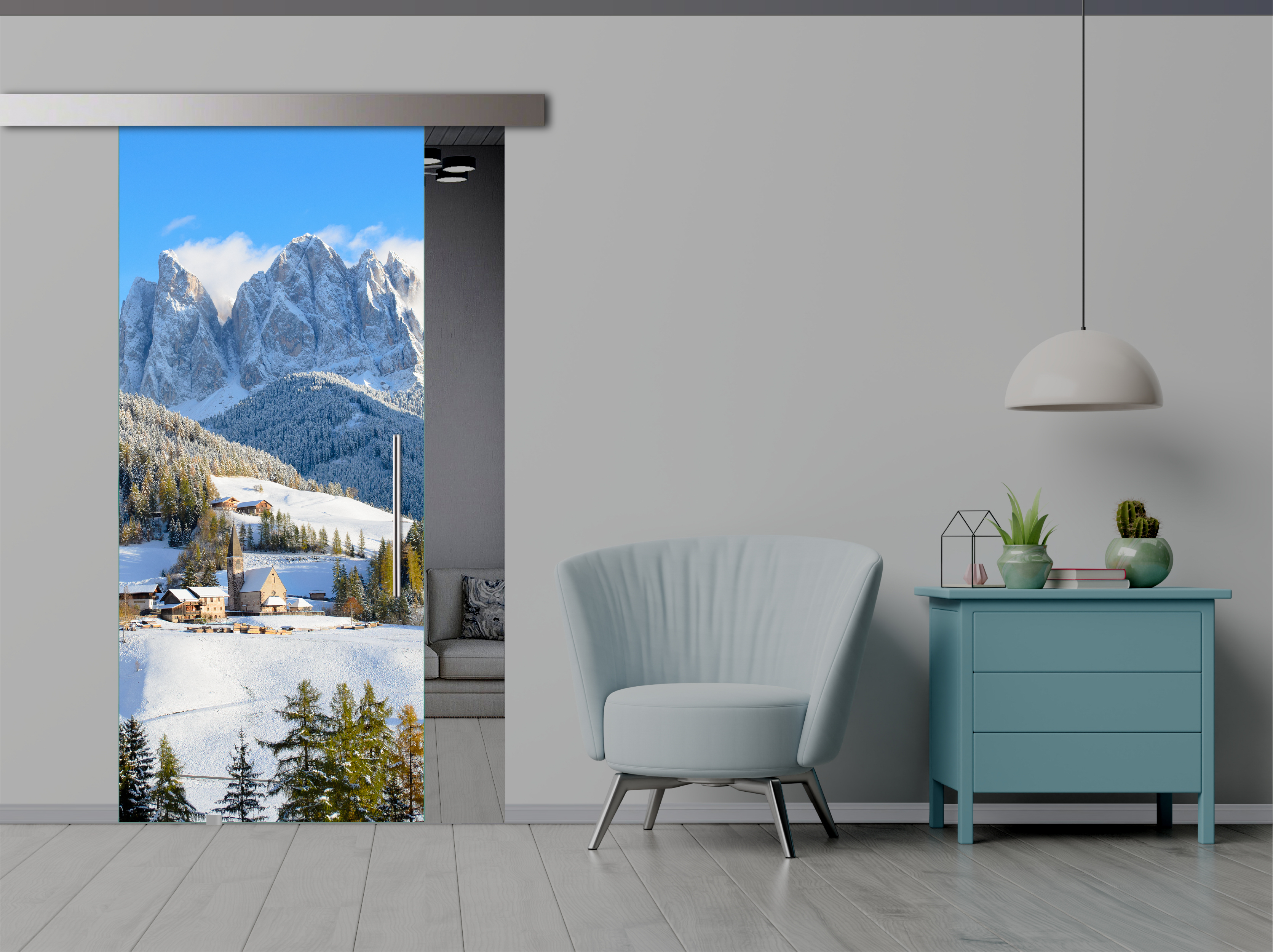 Frameless Sliding Glass Barn Door with Digital Printing + Alu Gray Hardware (T-Handle)