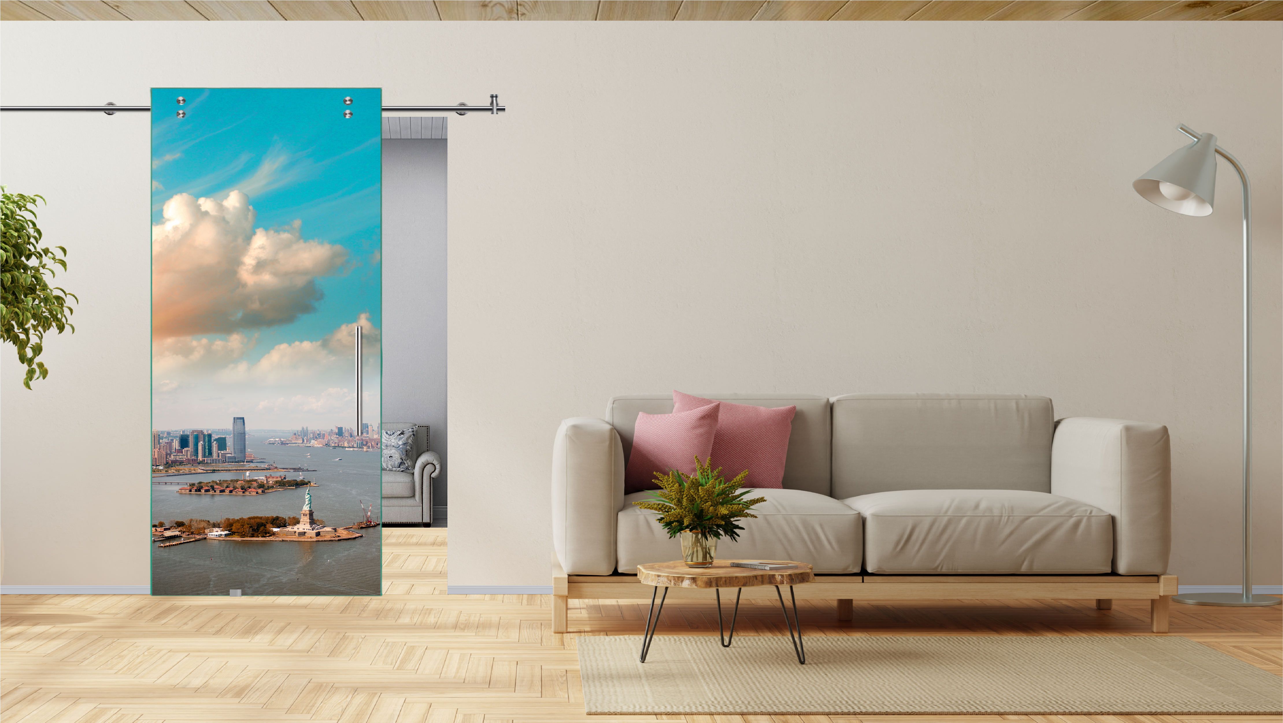Digital Printing Sliding Barn Glass Door with Stainless Steel Hardware & T-handle (New York. Statue of Liberty, Manhattan)