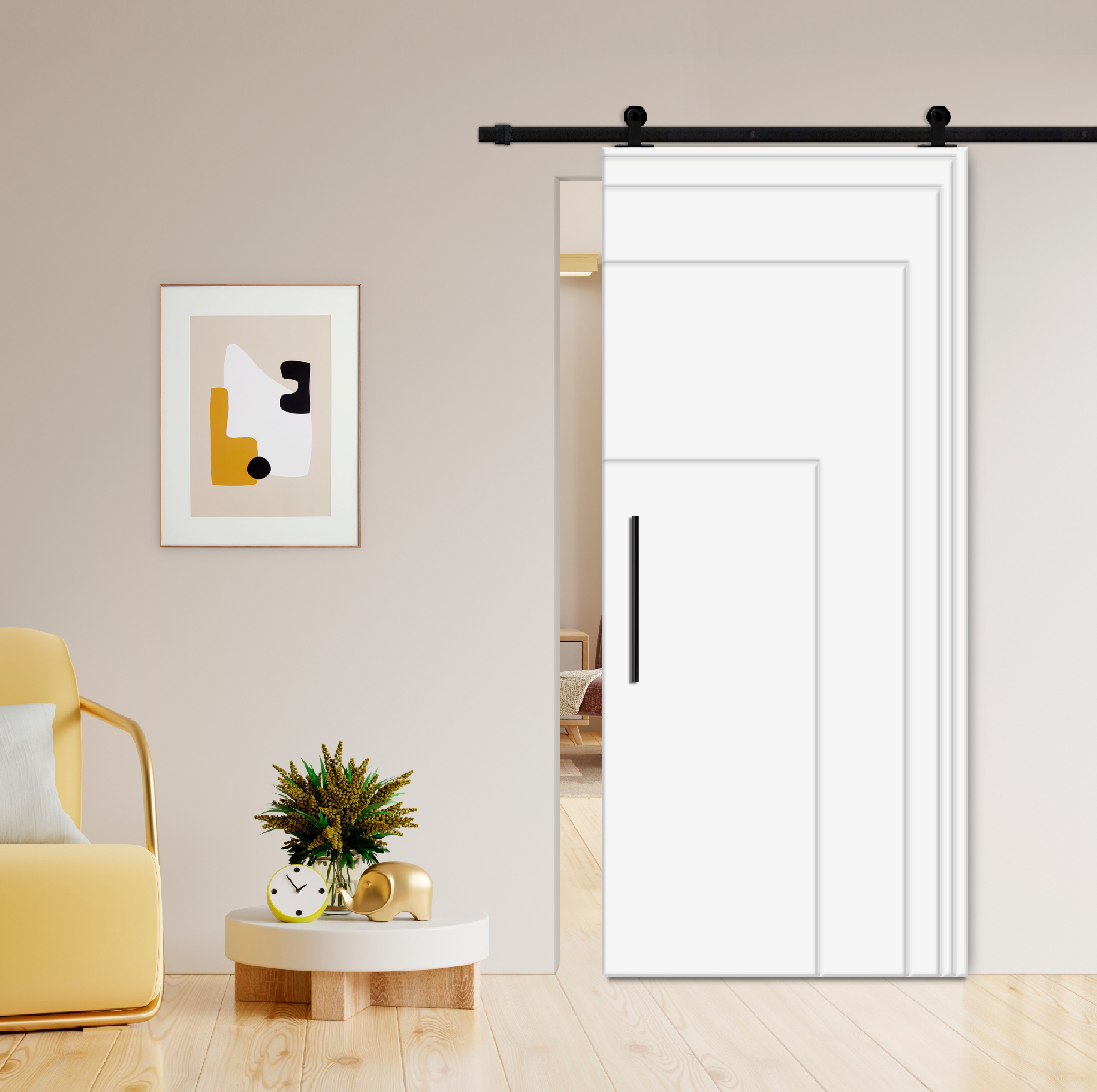 Flush Sliding Barn Door with CNC Engraving CCD-7698 White (Carbon steel)