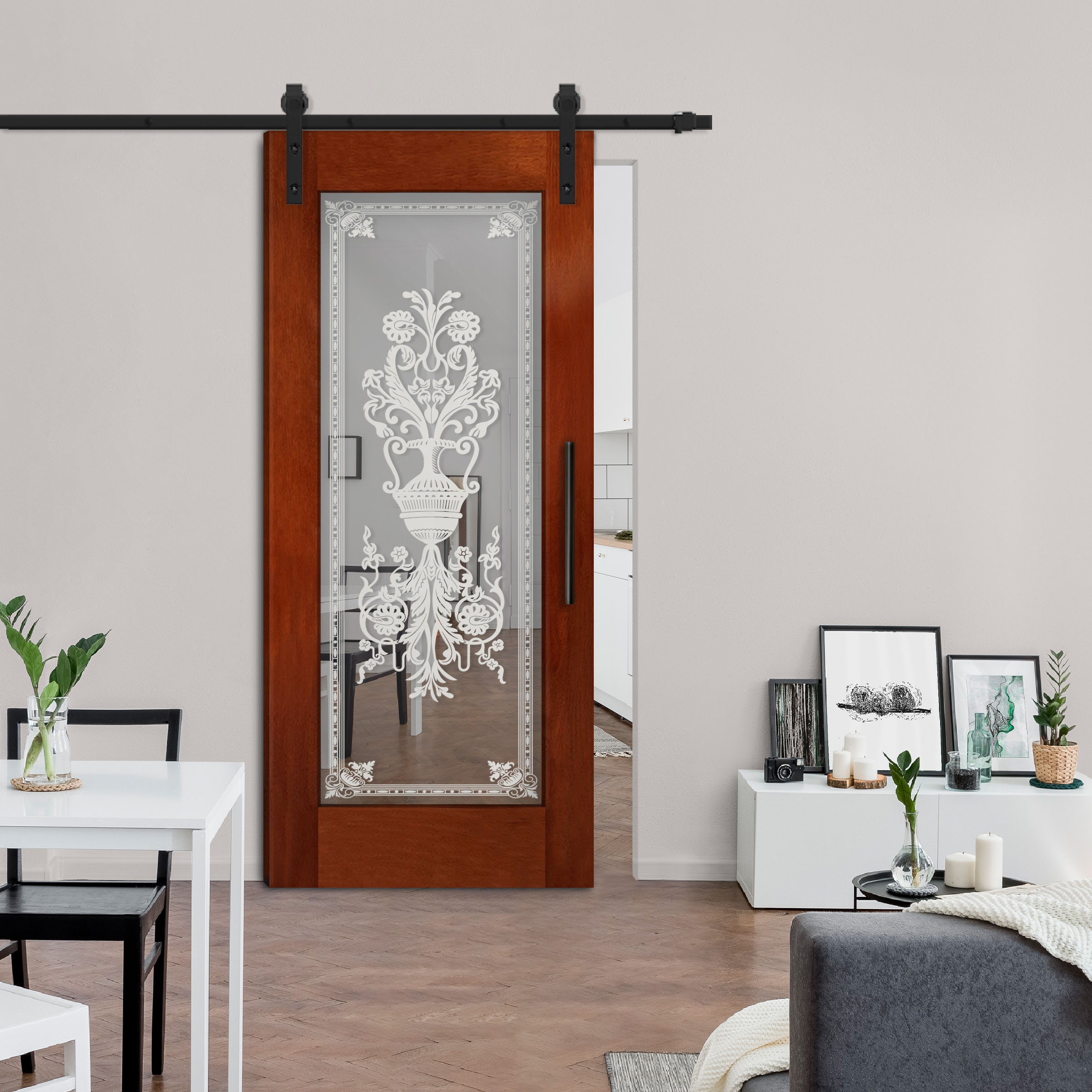 Solid magohany wood door with mirror insert (frosted design) and carbon steel sliding system