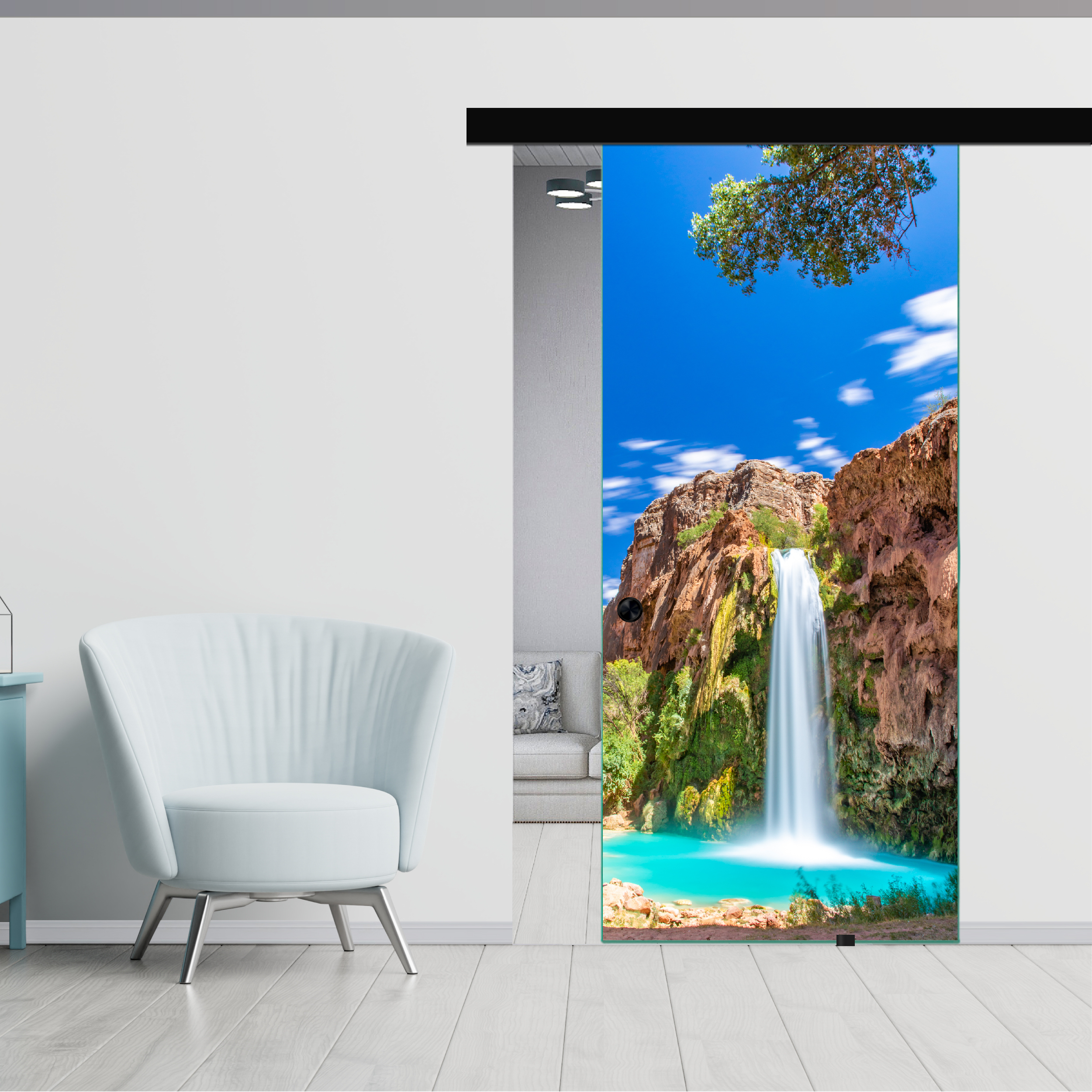 Frameless Sliding Glass Barn Door with Digital Printing + Black Hardware (Recessed Grip)