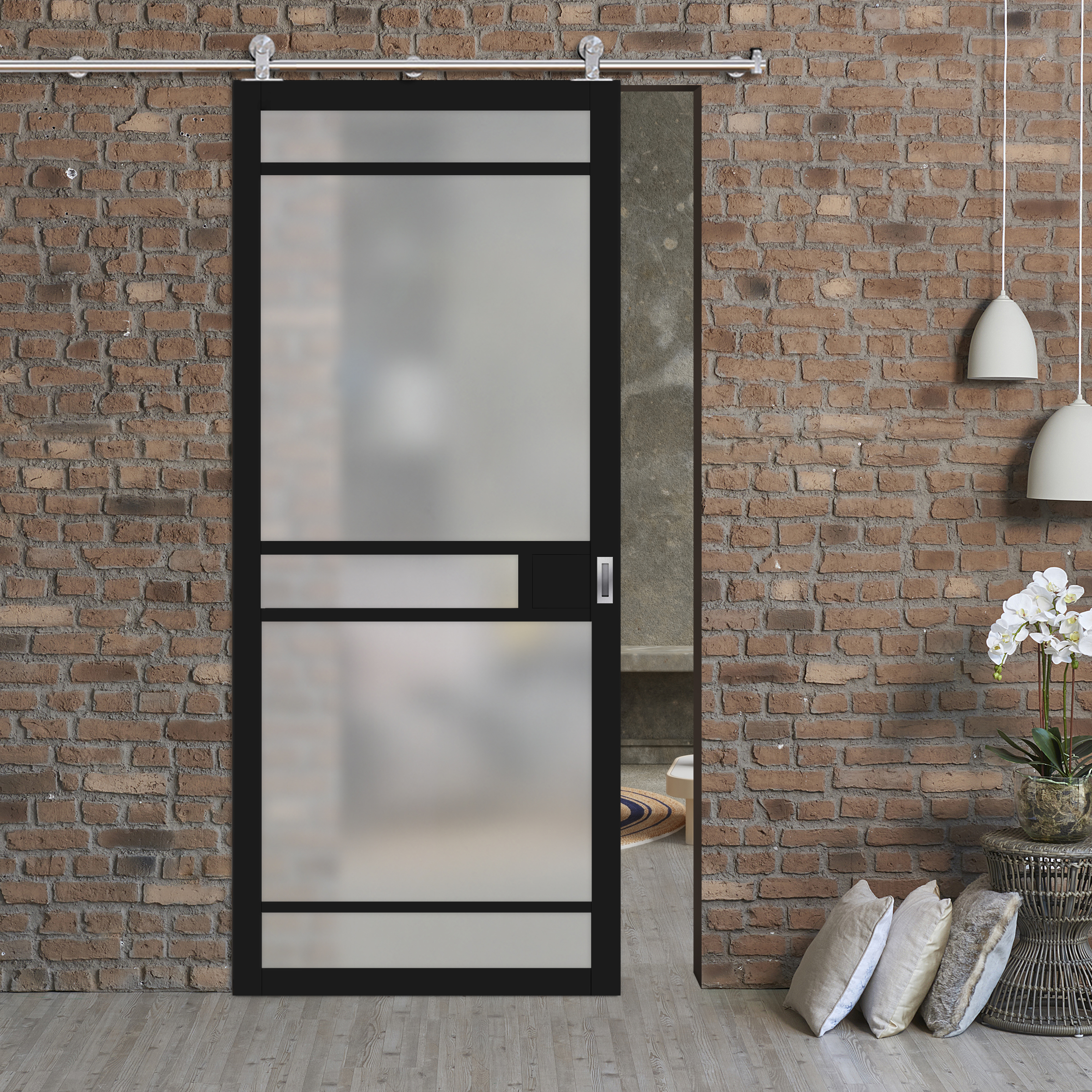 Loft Style Sliding Barn Door with Glass Panel LSBD-3893
