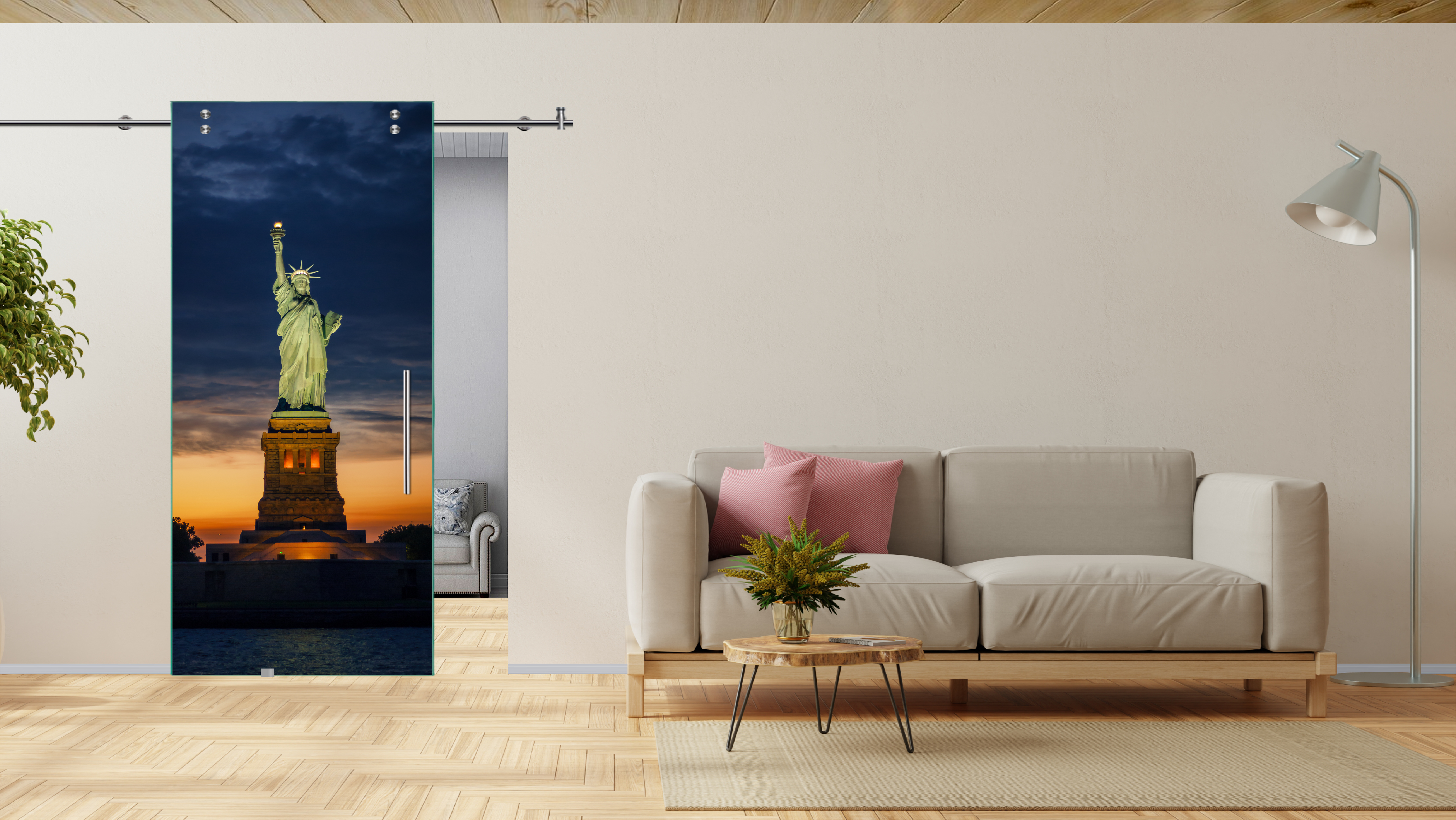 Digital Printing Sliding Barn Glass Door with Stainless Steel Hardware & T-handle (Dusk in Liberty Island)