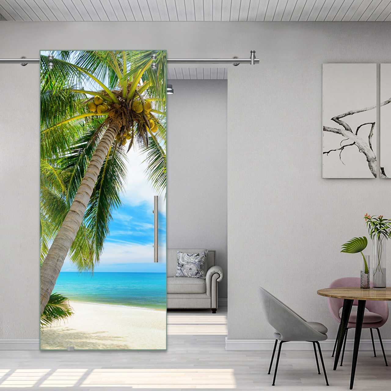 Digital Printing Sliding Barn Glass Door (Caribbean Beach)  V2000 DPSGD-5516
