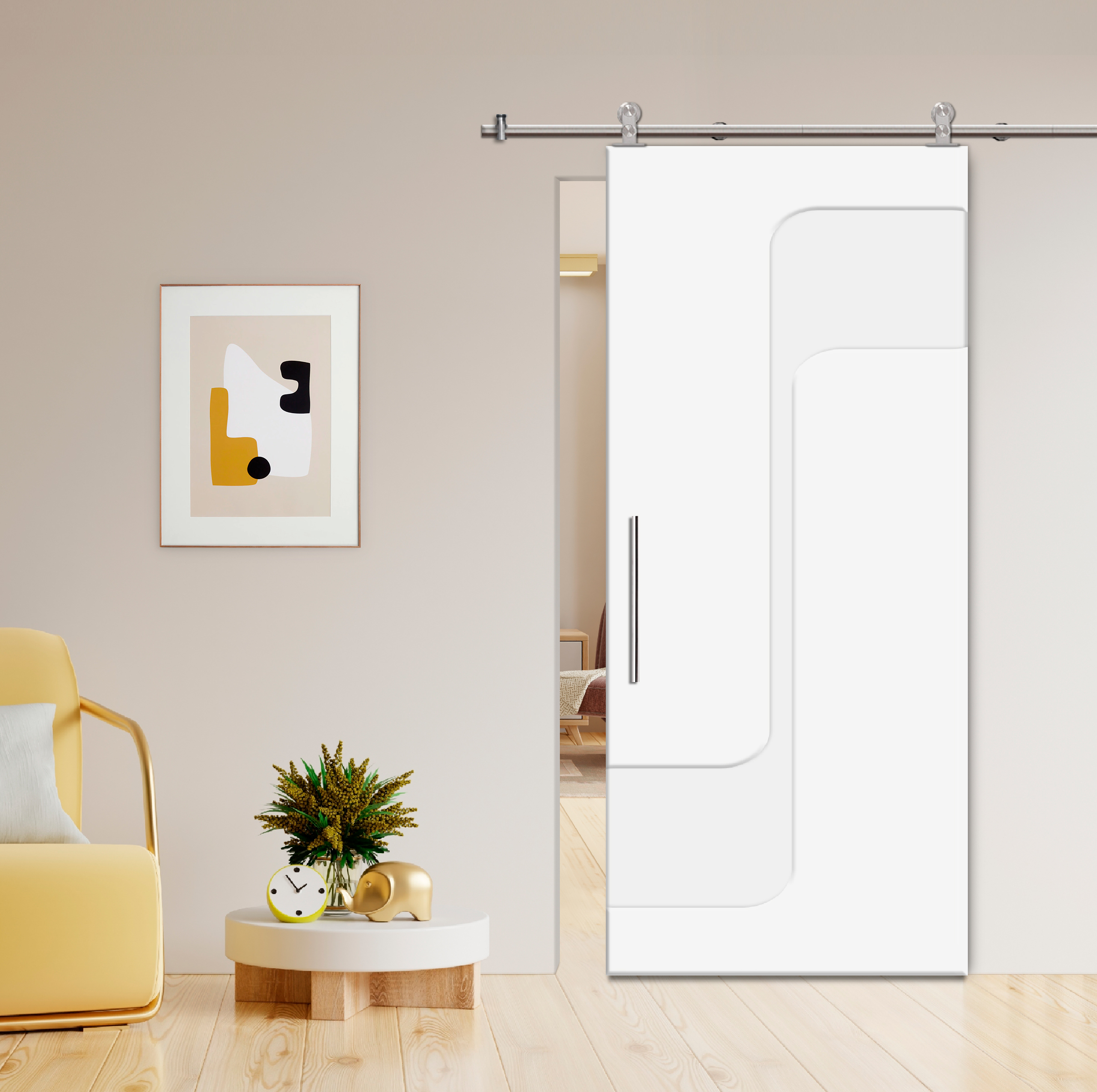 Flush Sliding Barn Door with CNC Engraving CCD-7698 White (Stainless steel)