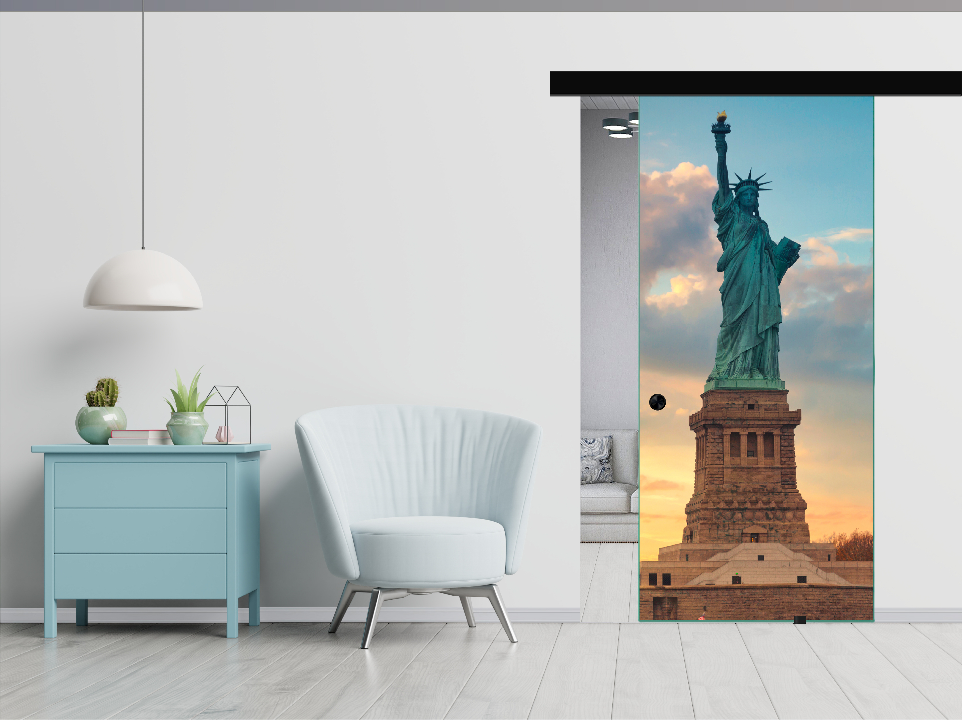 Frameless Sliding Glass Barn Door with Digital Printing + Black Hardware (Recessed Grip)