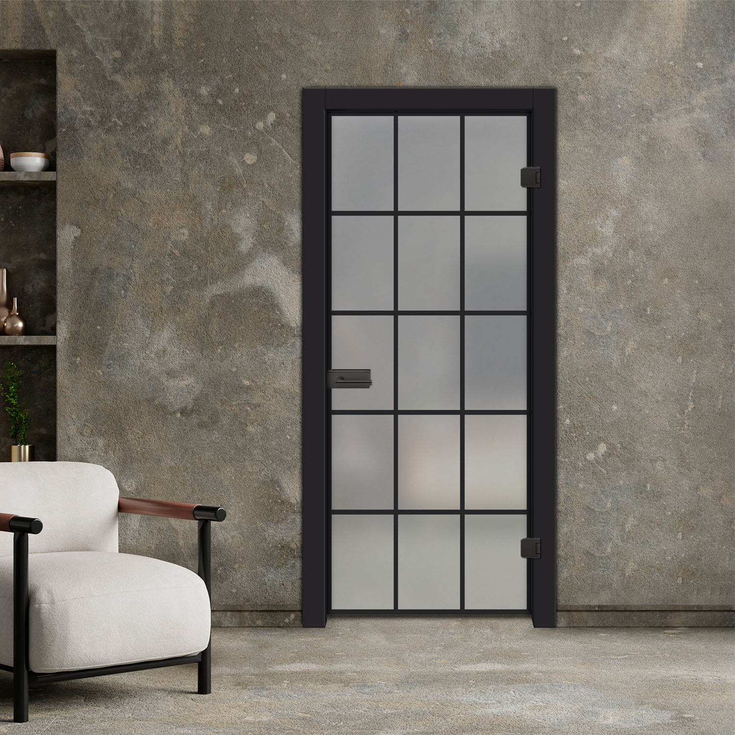 Industrial Hinged Glass Door + Black Hinges Junior & Oval Office Lock (Full-Private)