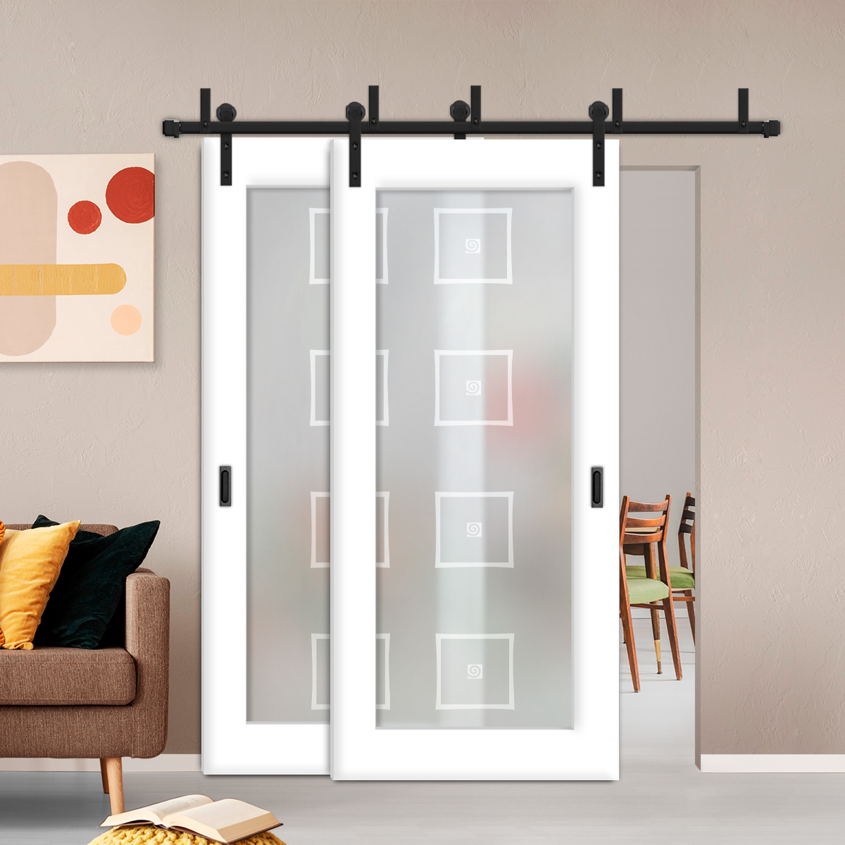 2 Leaf Sliding Barn Bypass Doors with Glass Insert (Full-private)
