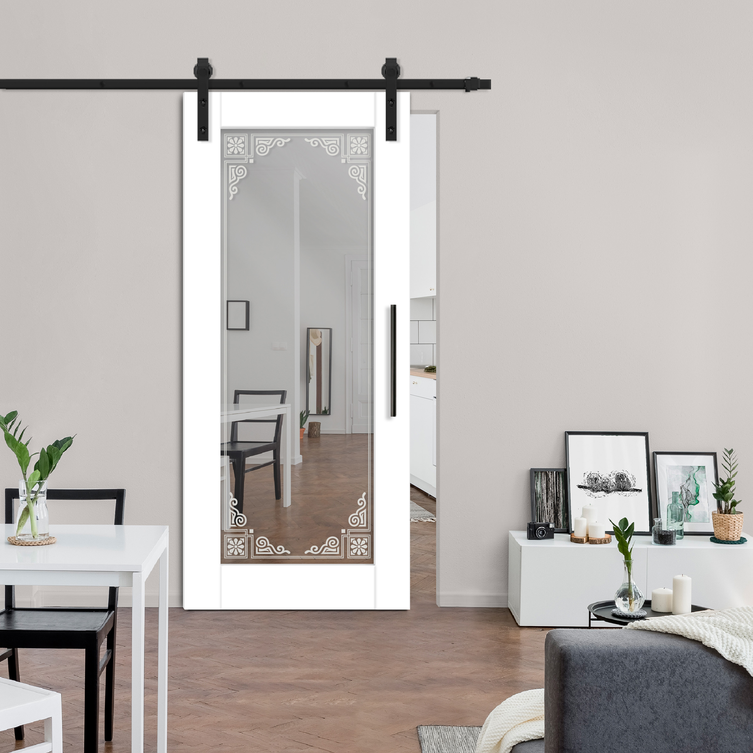 Sliding Barn Door with mirror insert (frosted design) and carbon steel sliding systemSliding Barn Door with mirror insert (frosted design) and carbon steel sliding system