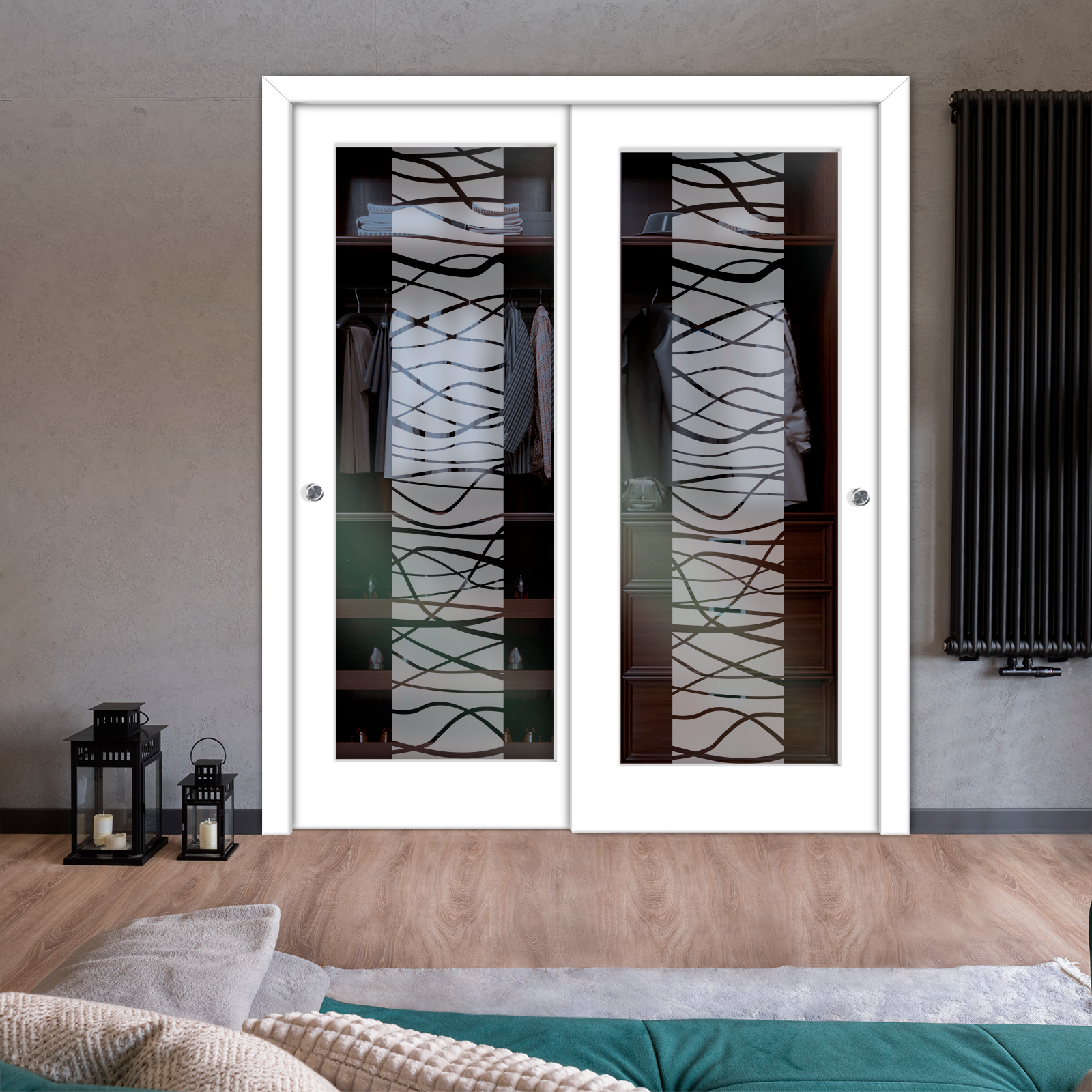 2 Leaf Premium Line Bypass Sliding Closet Door with Hardware & Frosted Design  (Non-private)