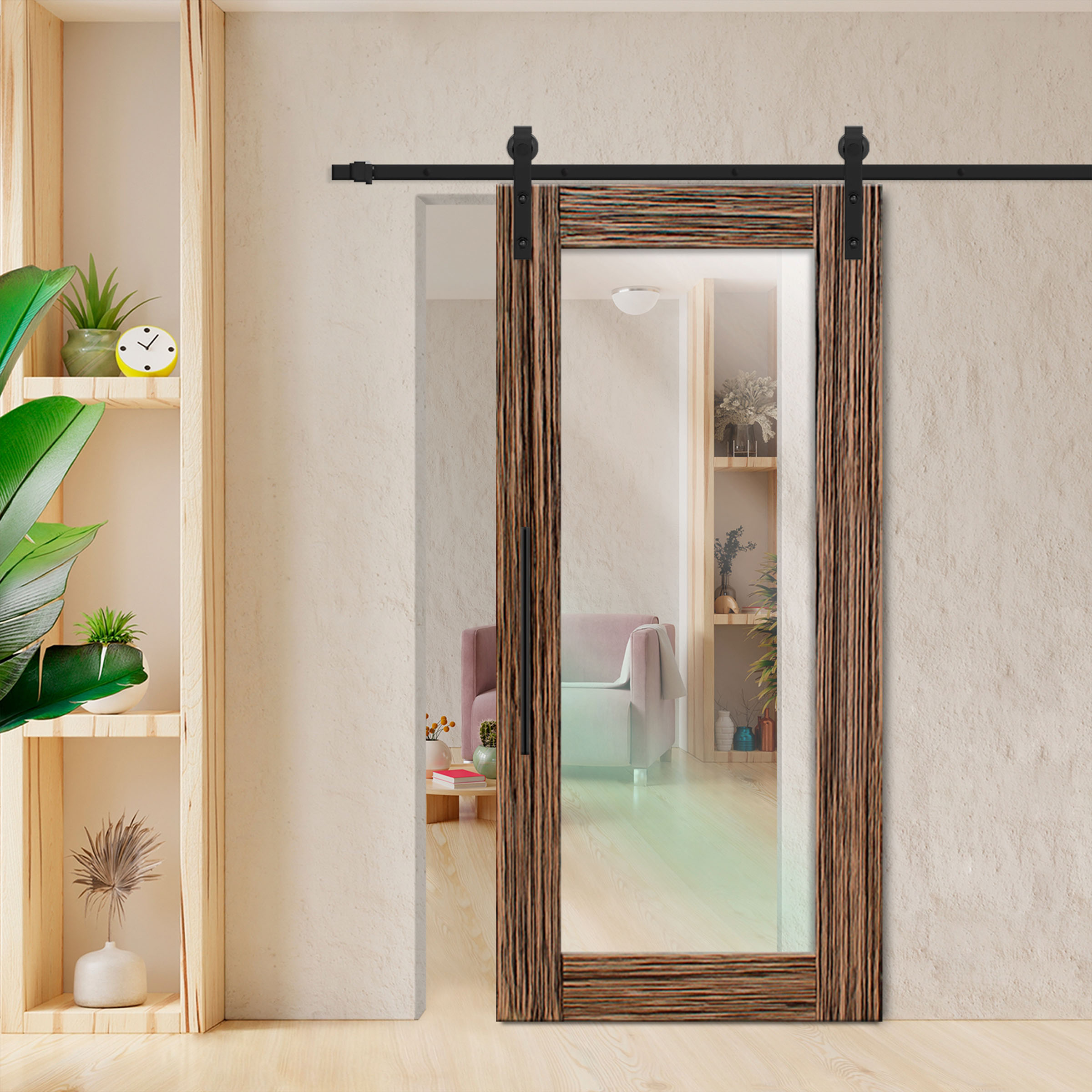 Zebrano Veneered Sliding Clear Barn Door with Carbon Steel