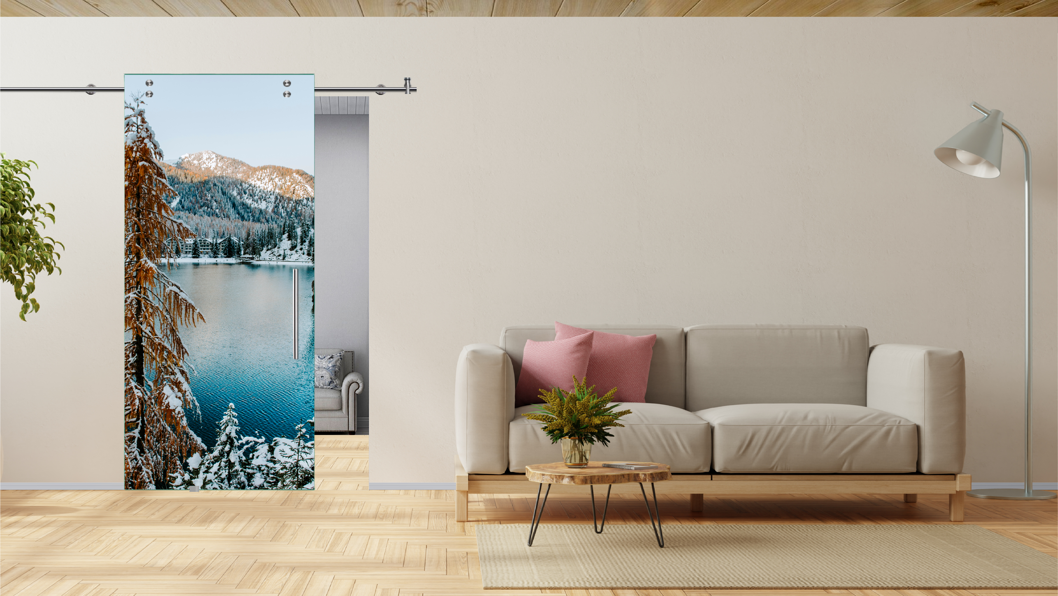 Digital Printing Sliding Barn Glass Door with Stainless Steel Hardware & T-handle (Braies Lake)