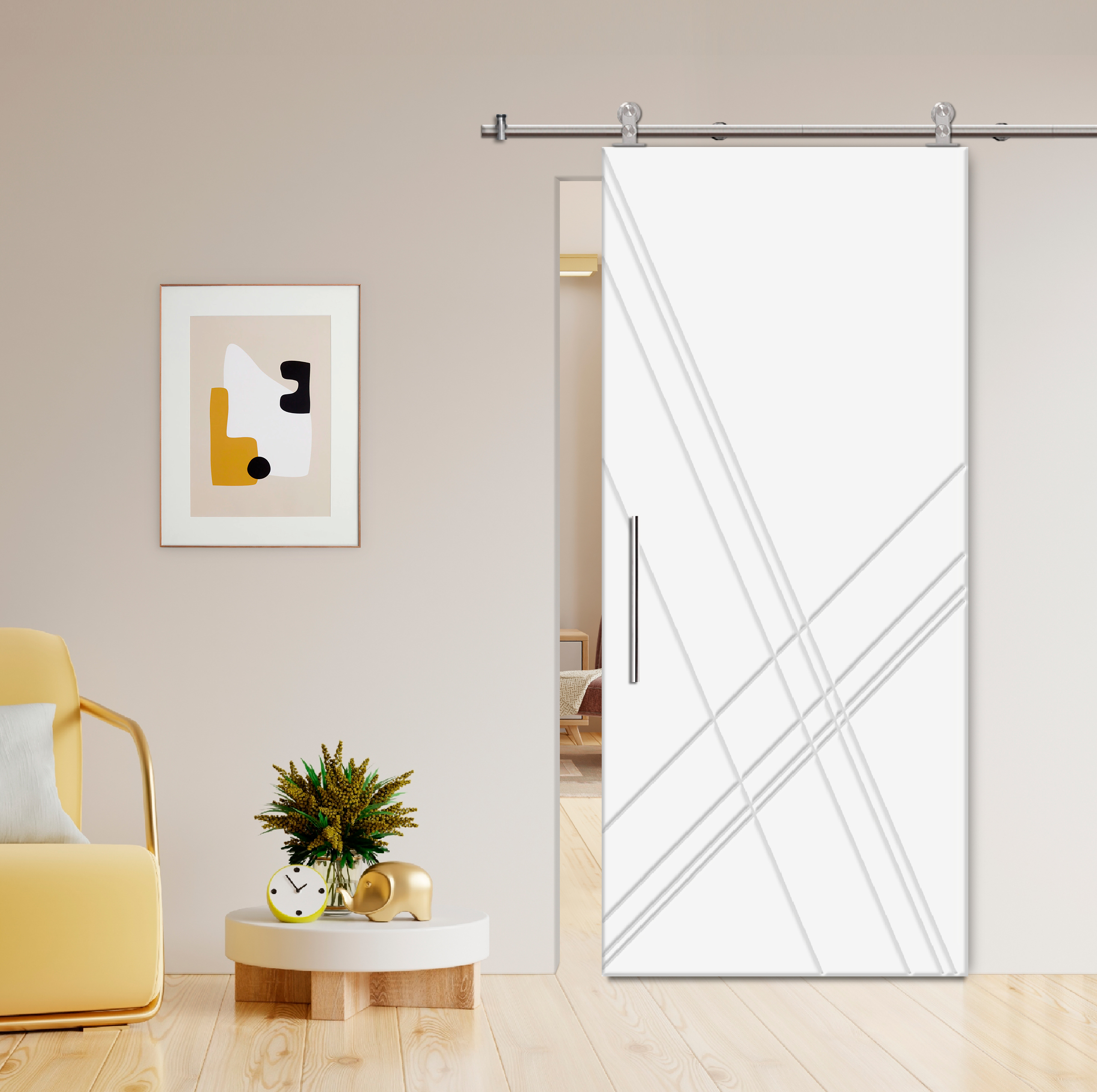Flush Sliding Barn Door with CNC Engraving CCD-7698 White (Stainless steel)