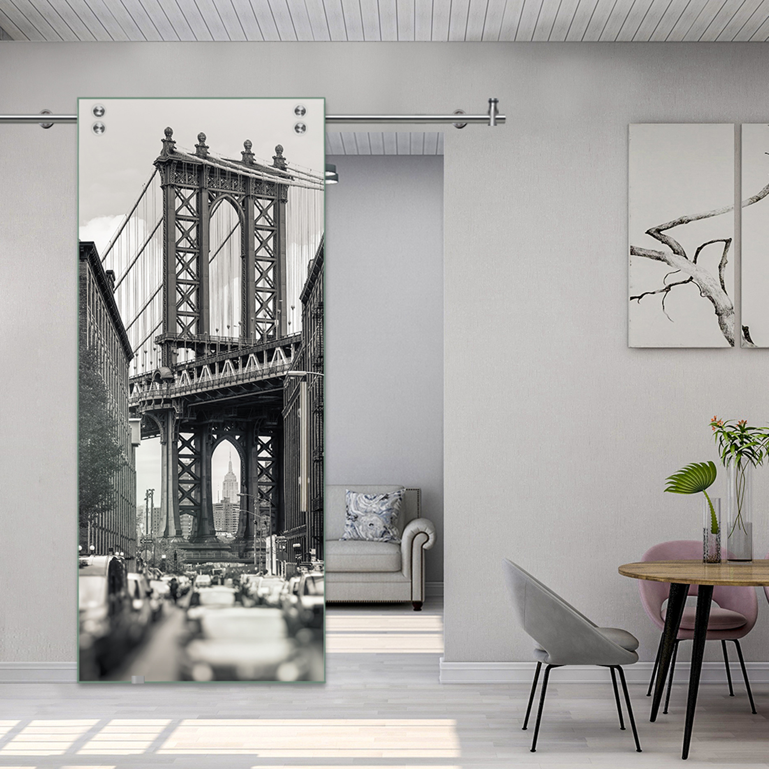 Digital Printing Sliding Barn Glass Door with Stainless Steel Hardware & T-handle (Bridge Brooklyn)