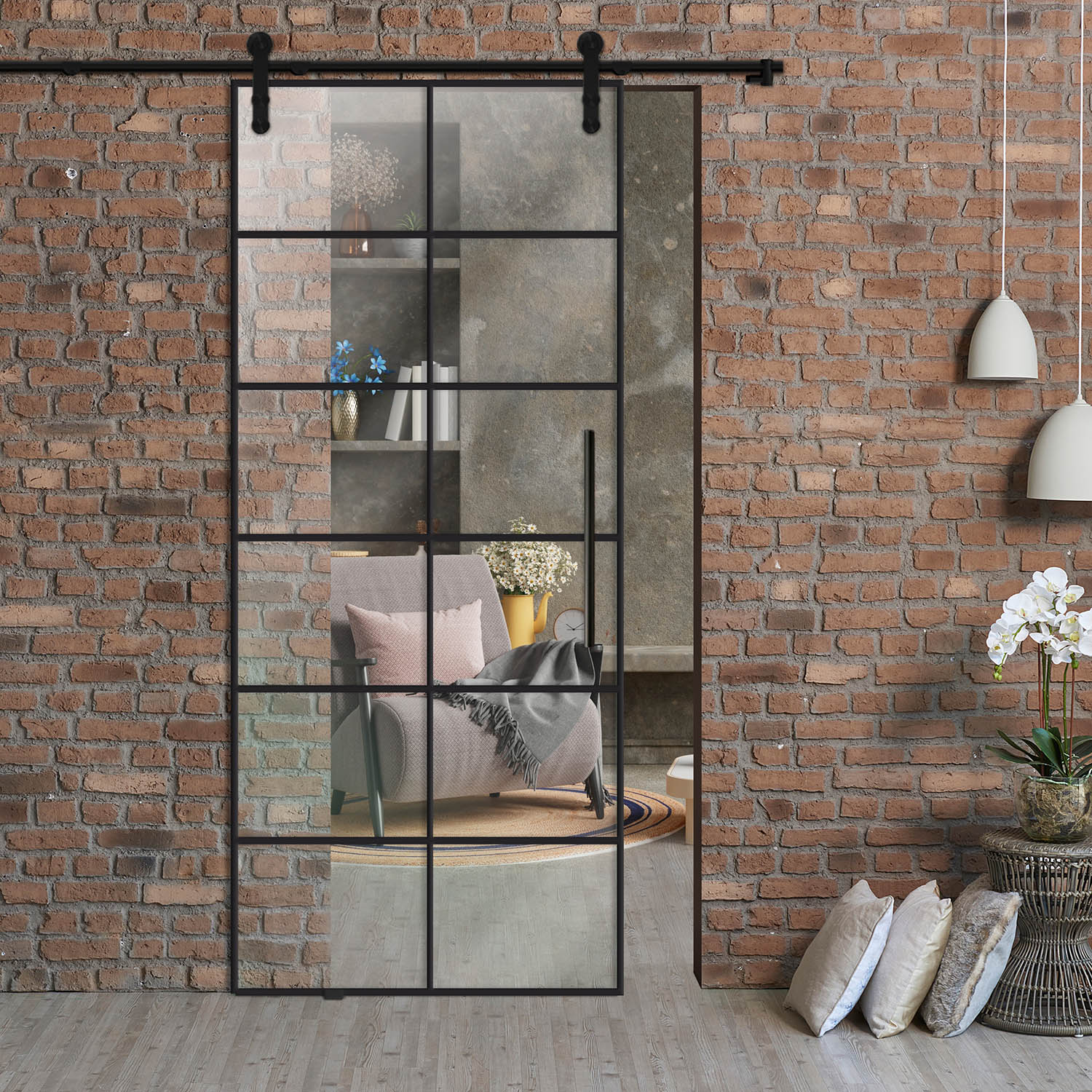 Frameless Industrial Sliding Glass Barn Door (T Handle Bar)