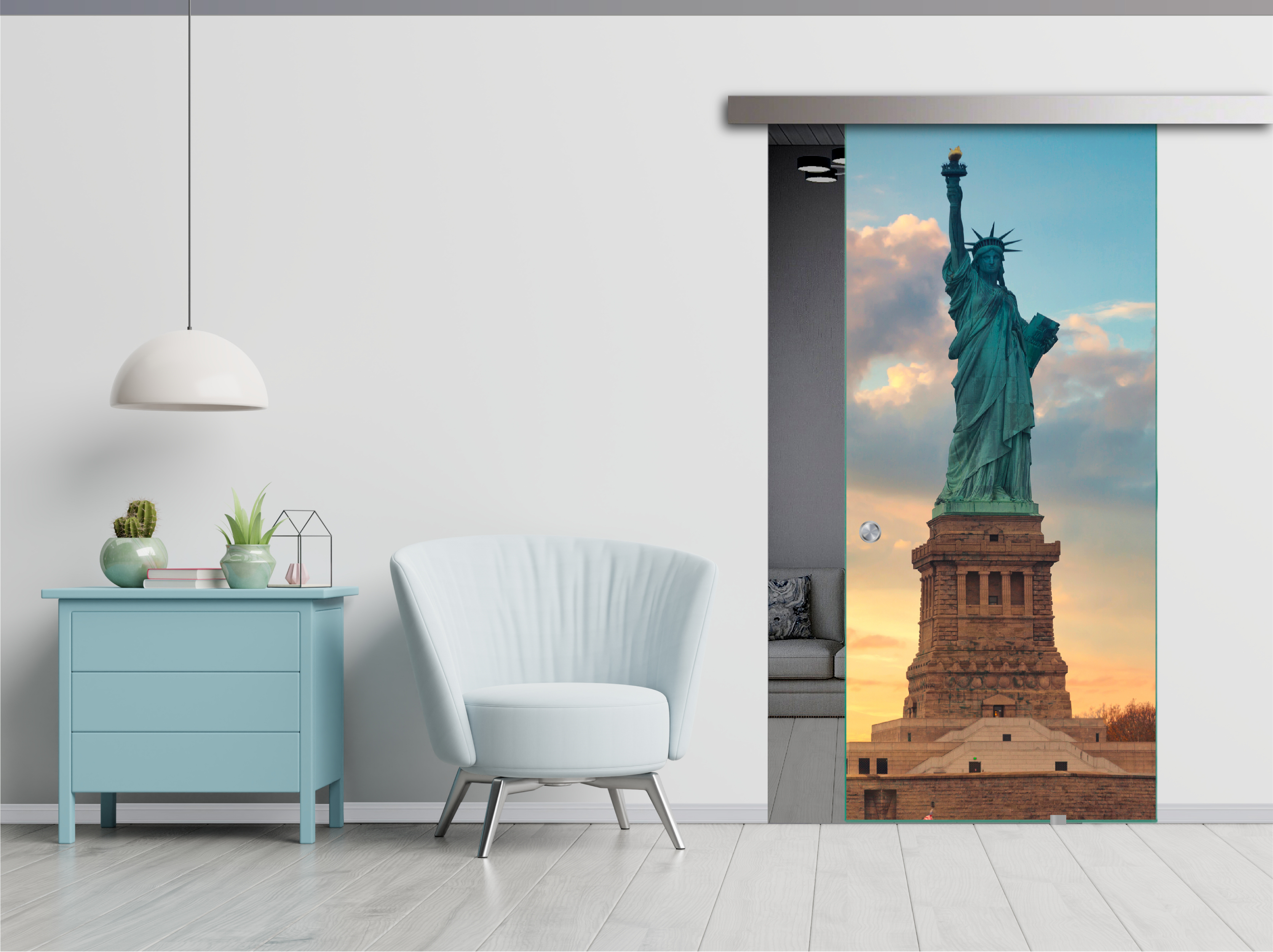 Frameless Sliding Glass Barn Door  with Digital Printing + Alu Gray Hardware (Recessed Grip Handle)
