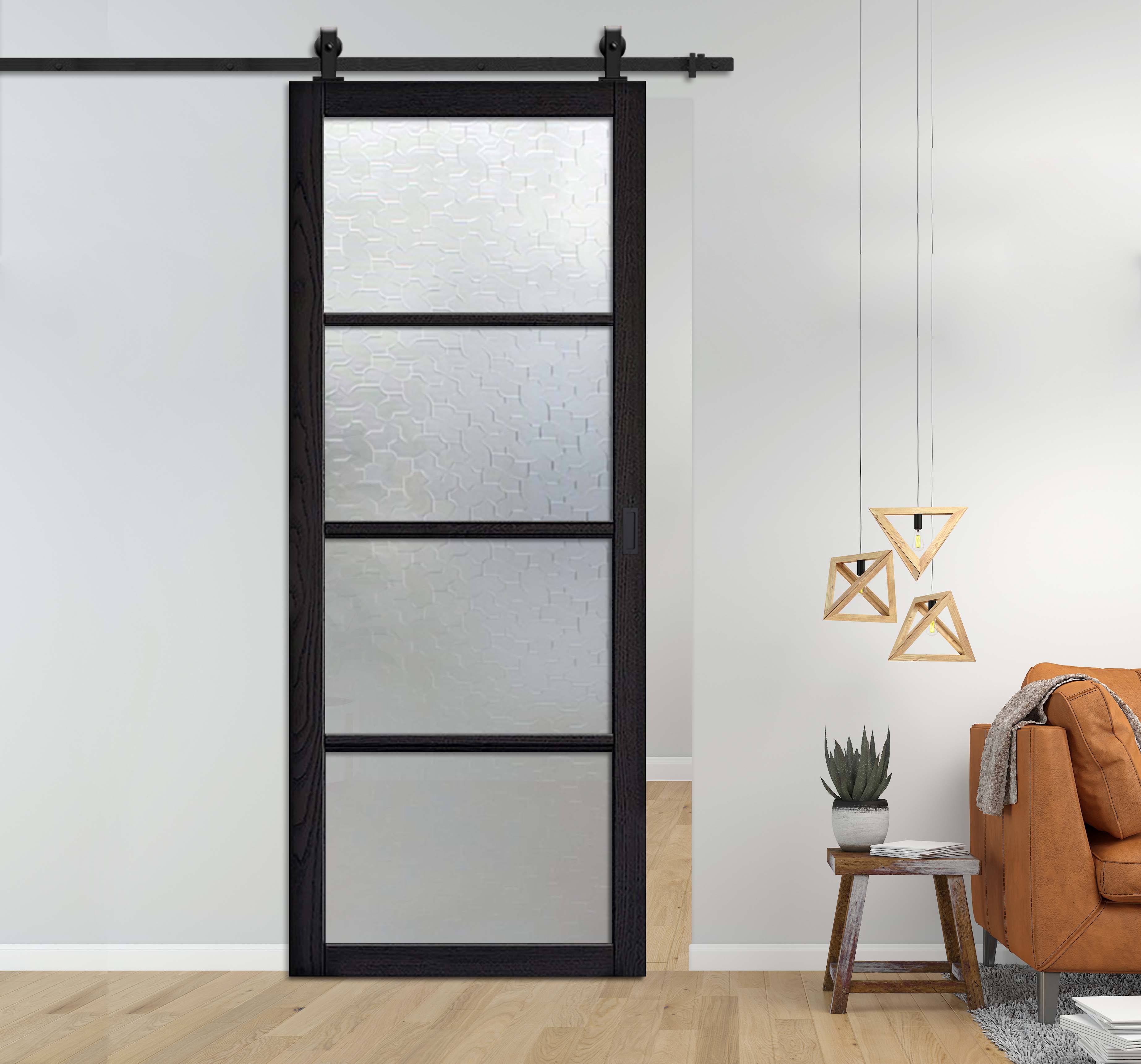 Loft Style Sliding Barn Door with Karatachi Glass Panels, Carbon Steel Hardware Kit & Rectangular Stainless Steel Grip Handle 
