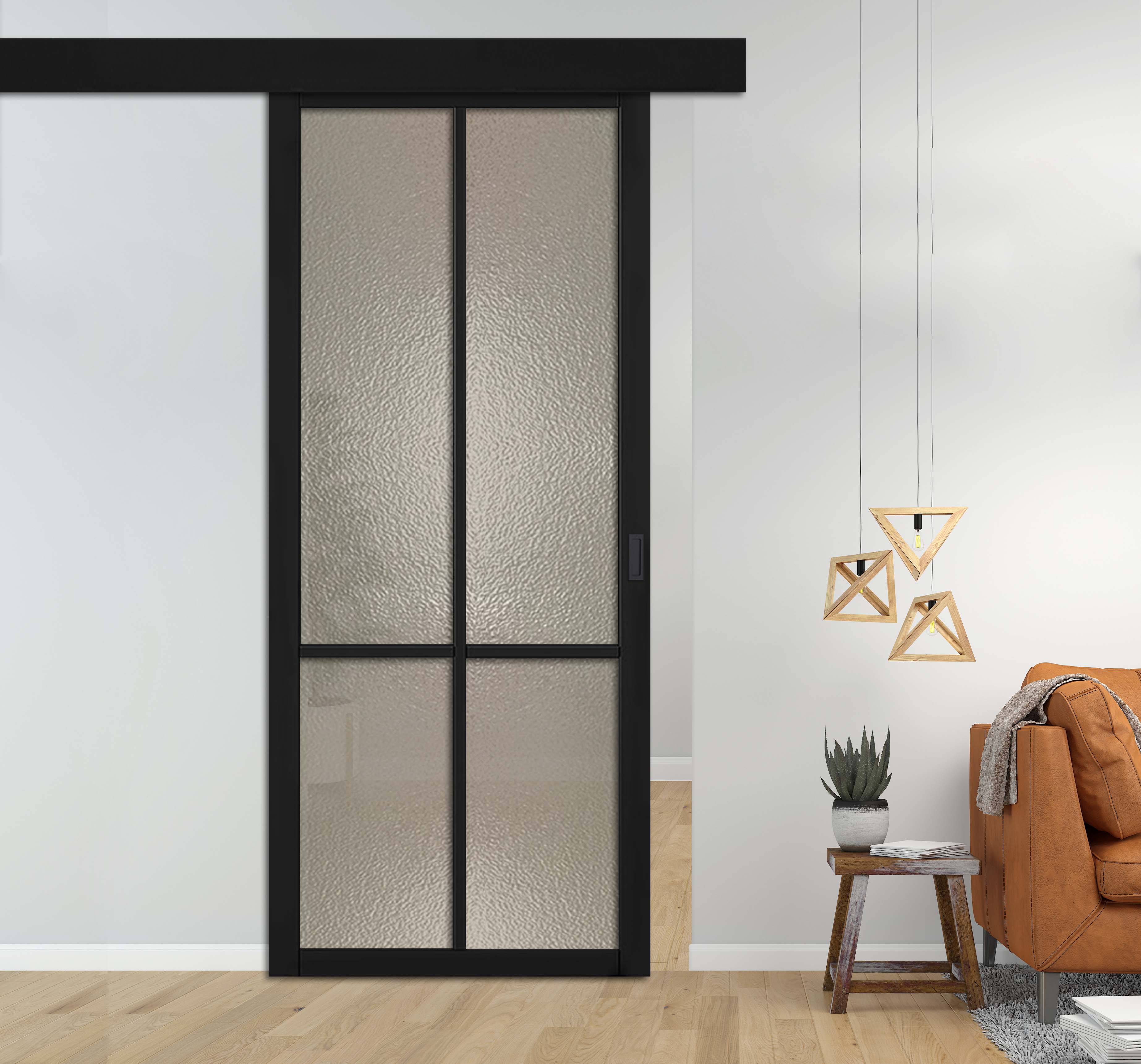 Loft Style Sliding Barn Door with Hammered Glass Panels + Alu100 Wood  Fascia / Cover Hardware Kit & Rectangular Stainless Steel Grip Handle 