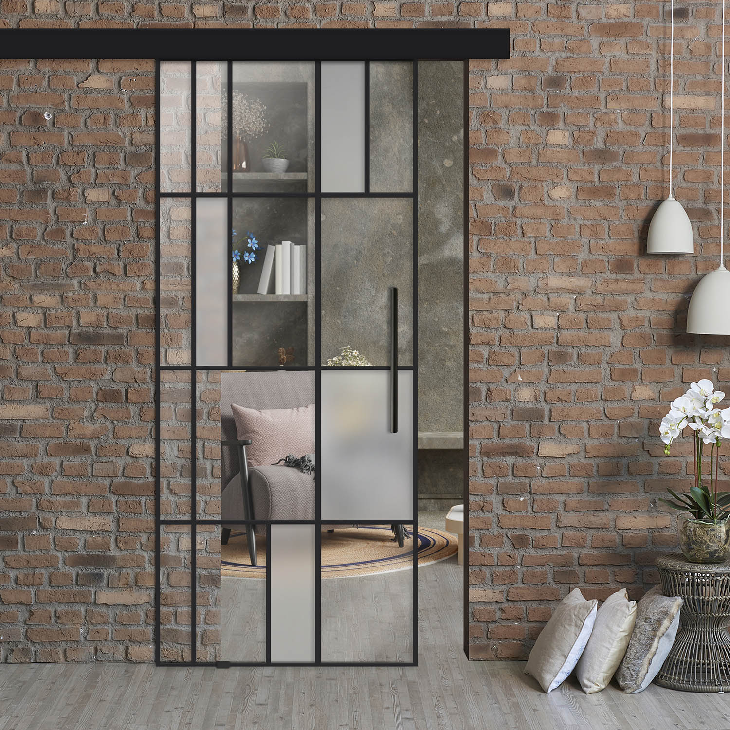 Frameless Industrial Sliding Barn Door with Black Hardware + T-Handel (Full-Private)