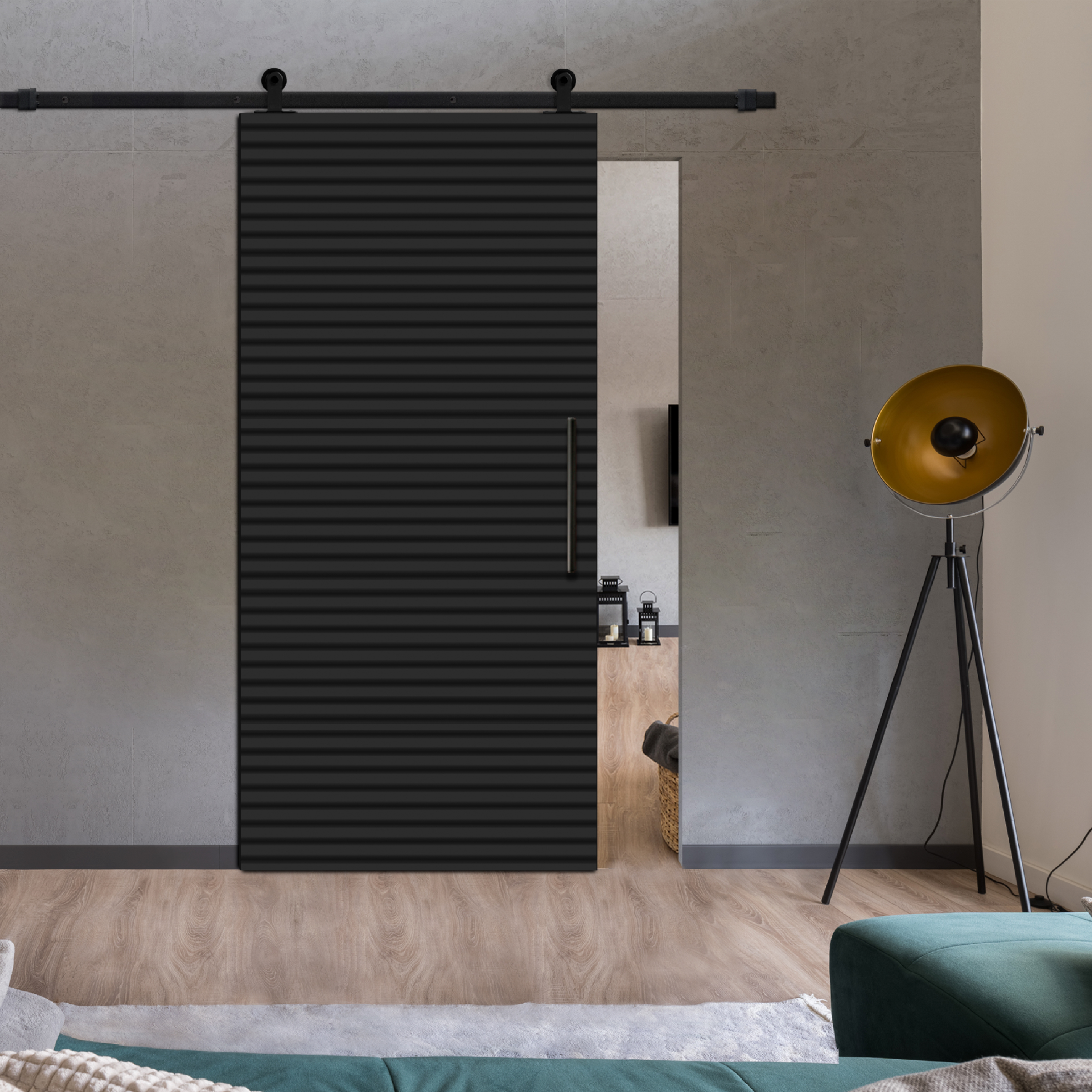 Fluted Wooden Sliding Barn Door Horizontal Lines Black (Carbon Steel Hardware)