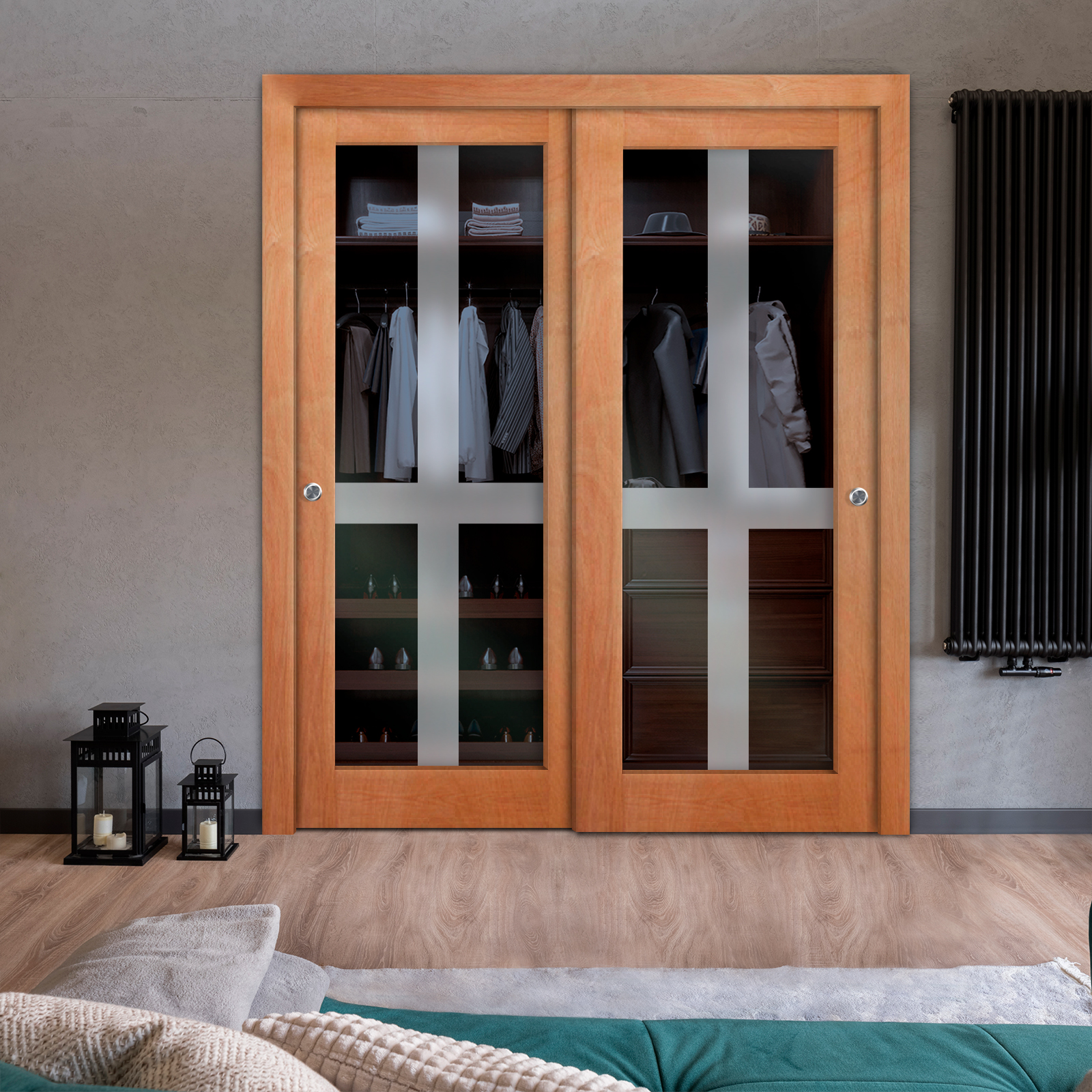 2 Leaf Premium Line Bypass Sliding Closet Door with Hardware & Frosted Design  (Non-private)