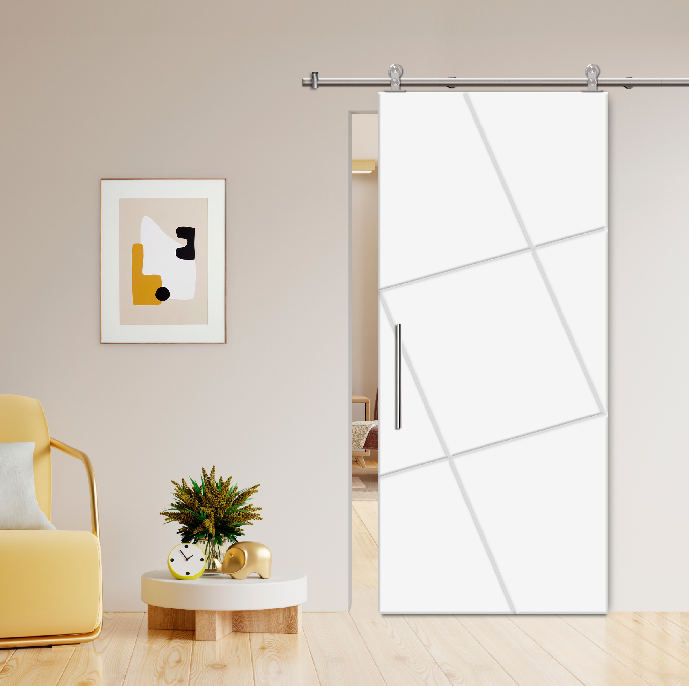 Flush Sliding Barn Door with CNC Engraving CCD-7698 White (Stainless steel)