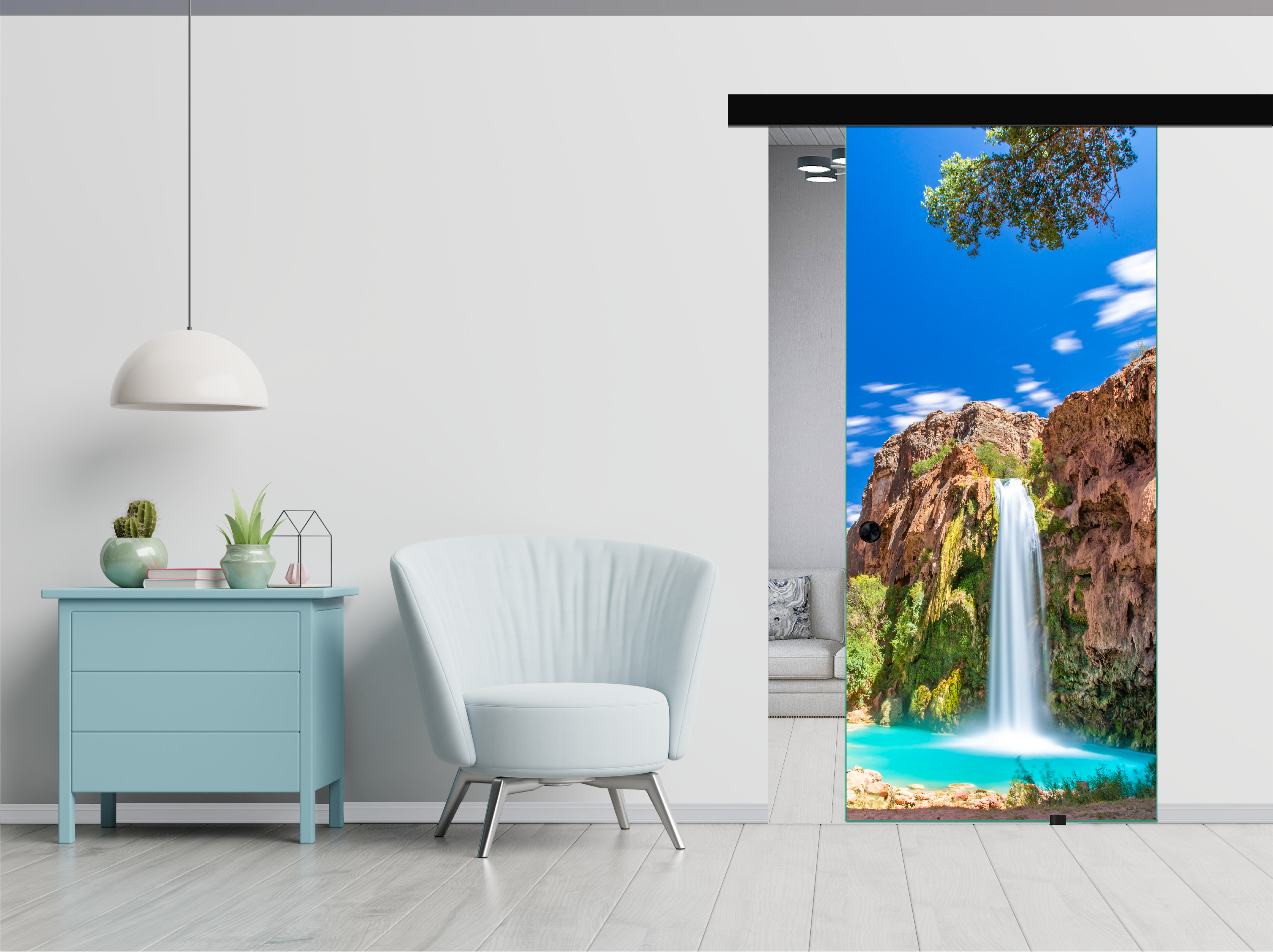 Frameless Sliding Glass Barn Door with Digital Printing + Black Hardware (Recessed Grip)
