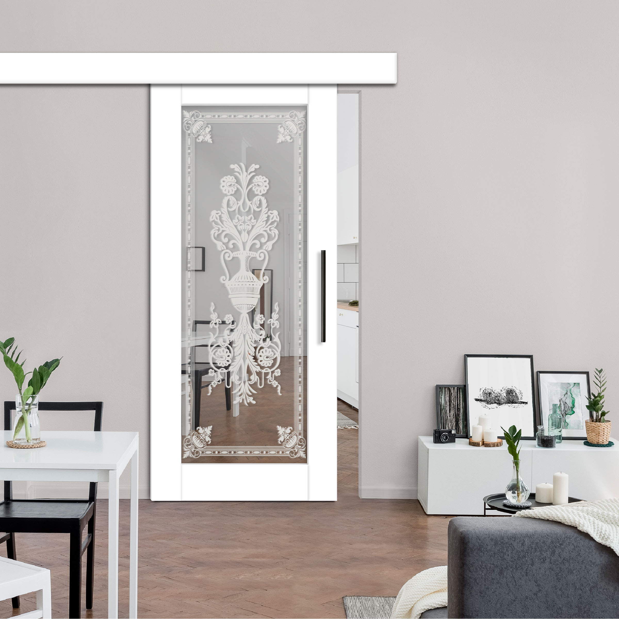 MDF-Mirror-Barn-Door With Design: 7