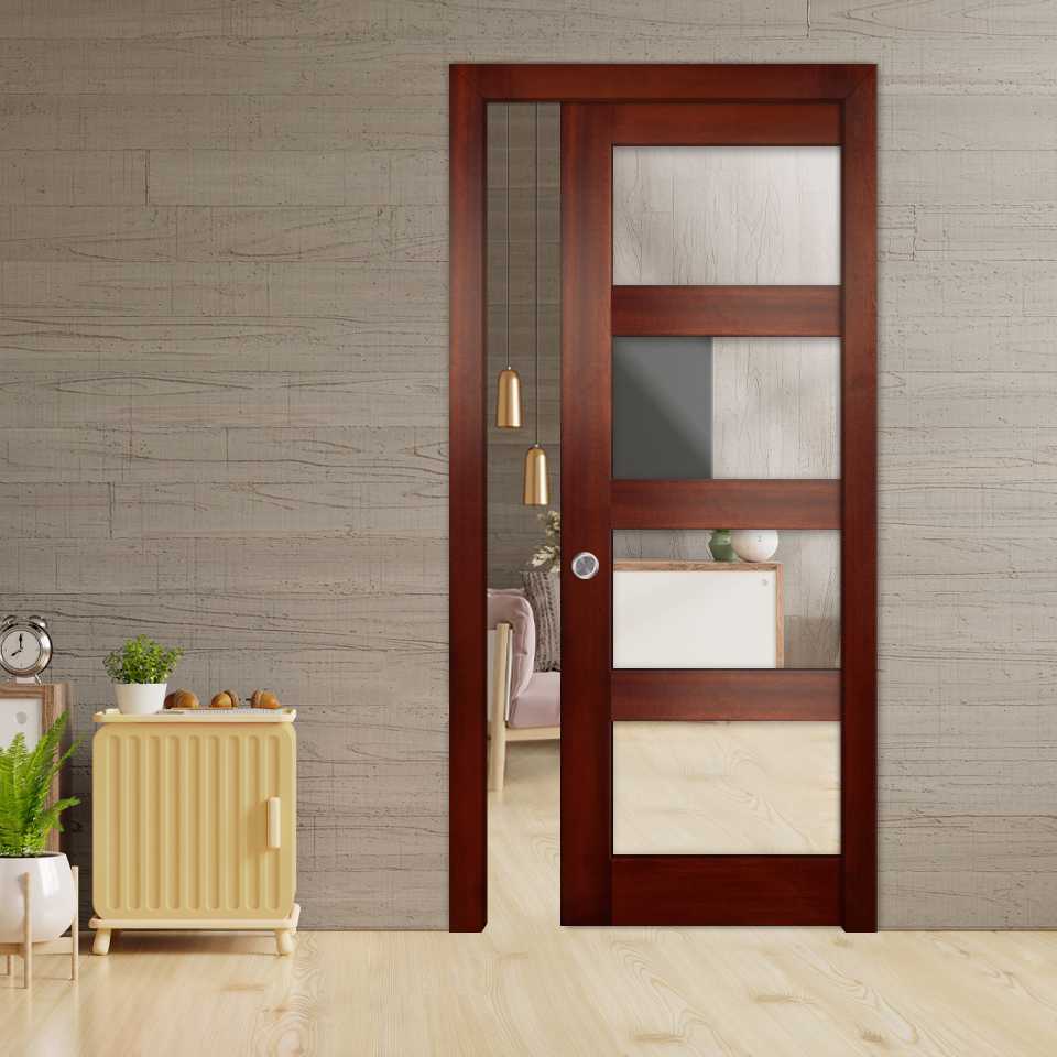 Mahogany Wood Pocket Door with One or Both Side Mirror Inserts PWGD-8113