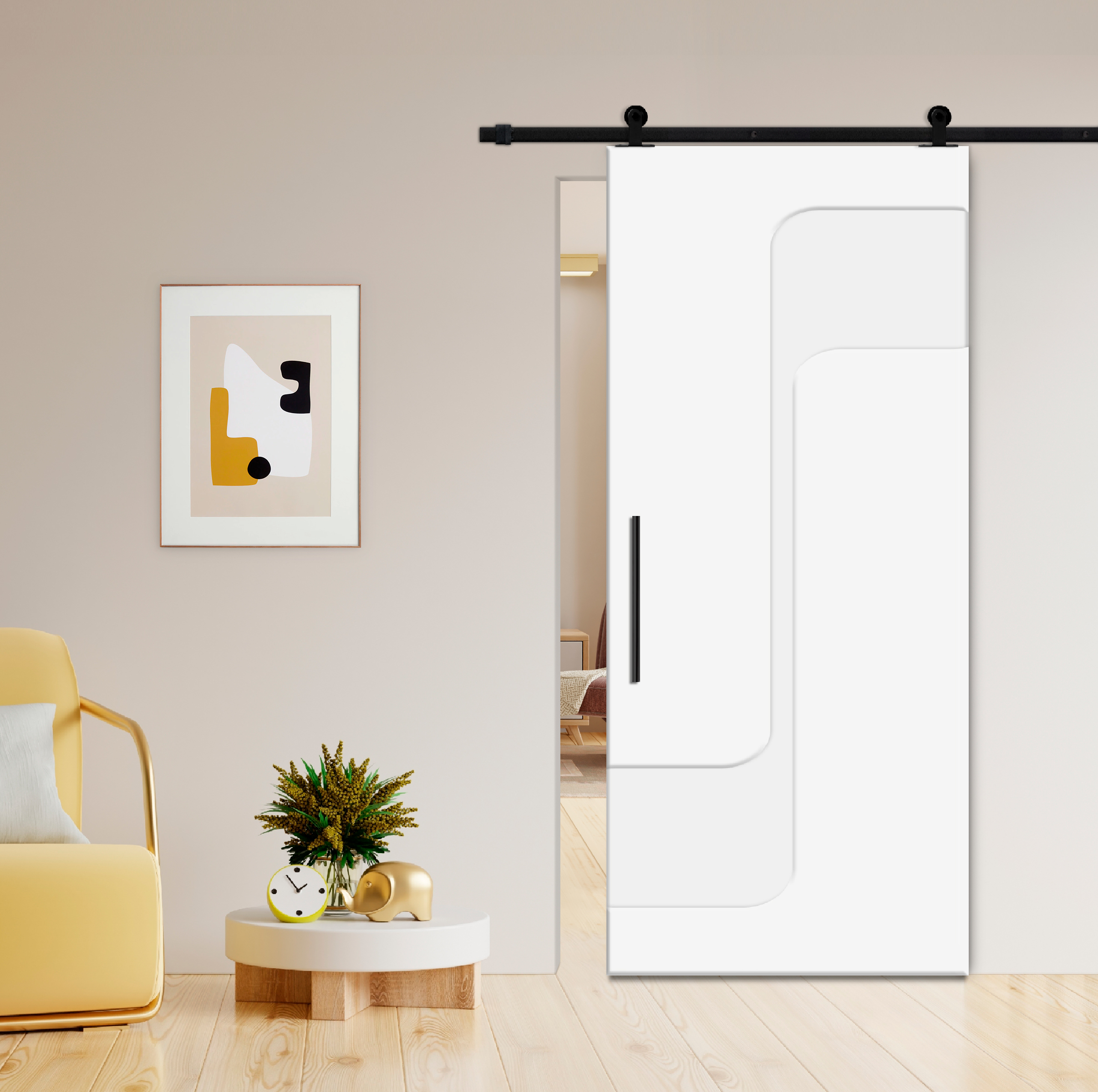 Flush Sliding Barn Door with CNC Engraving CCD-7698 White (Carbon steel)