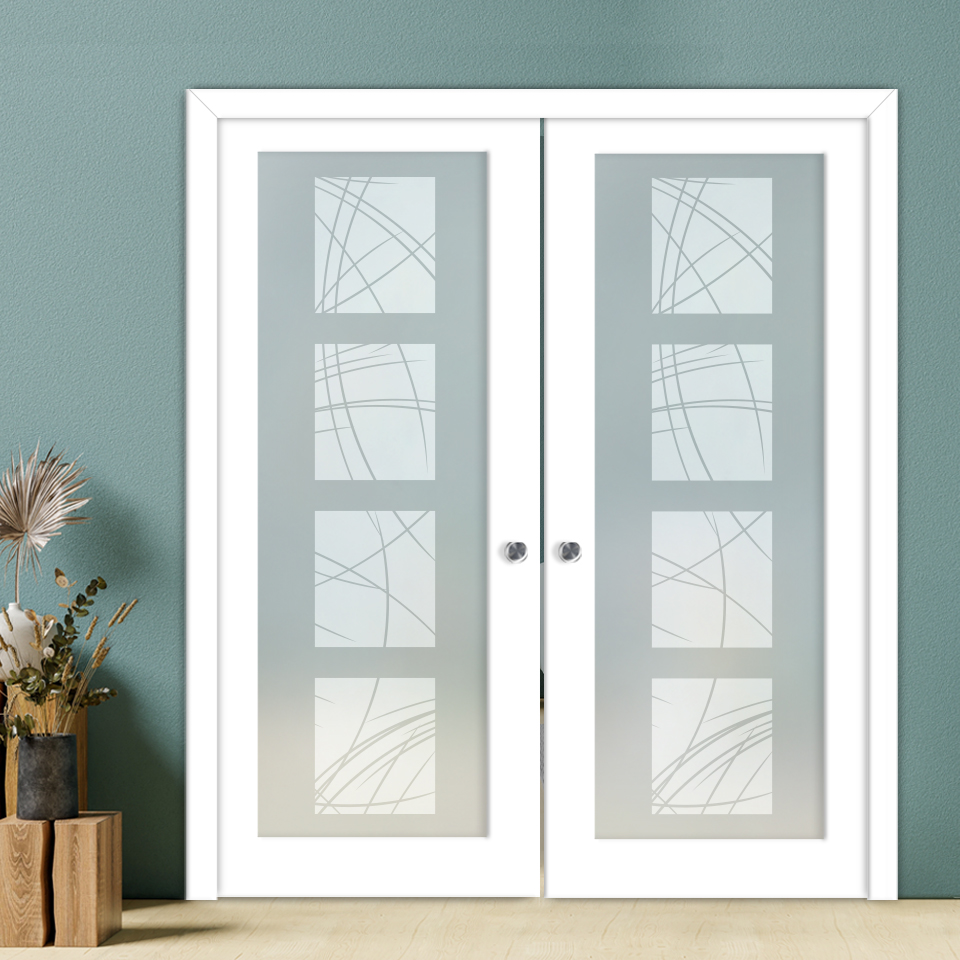 Double Pocket Sliding Wooden Door with Glass Insert & Frosted Design