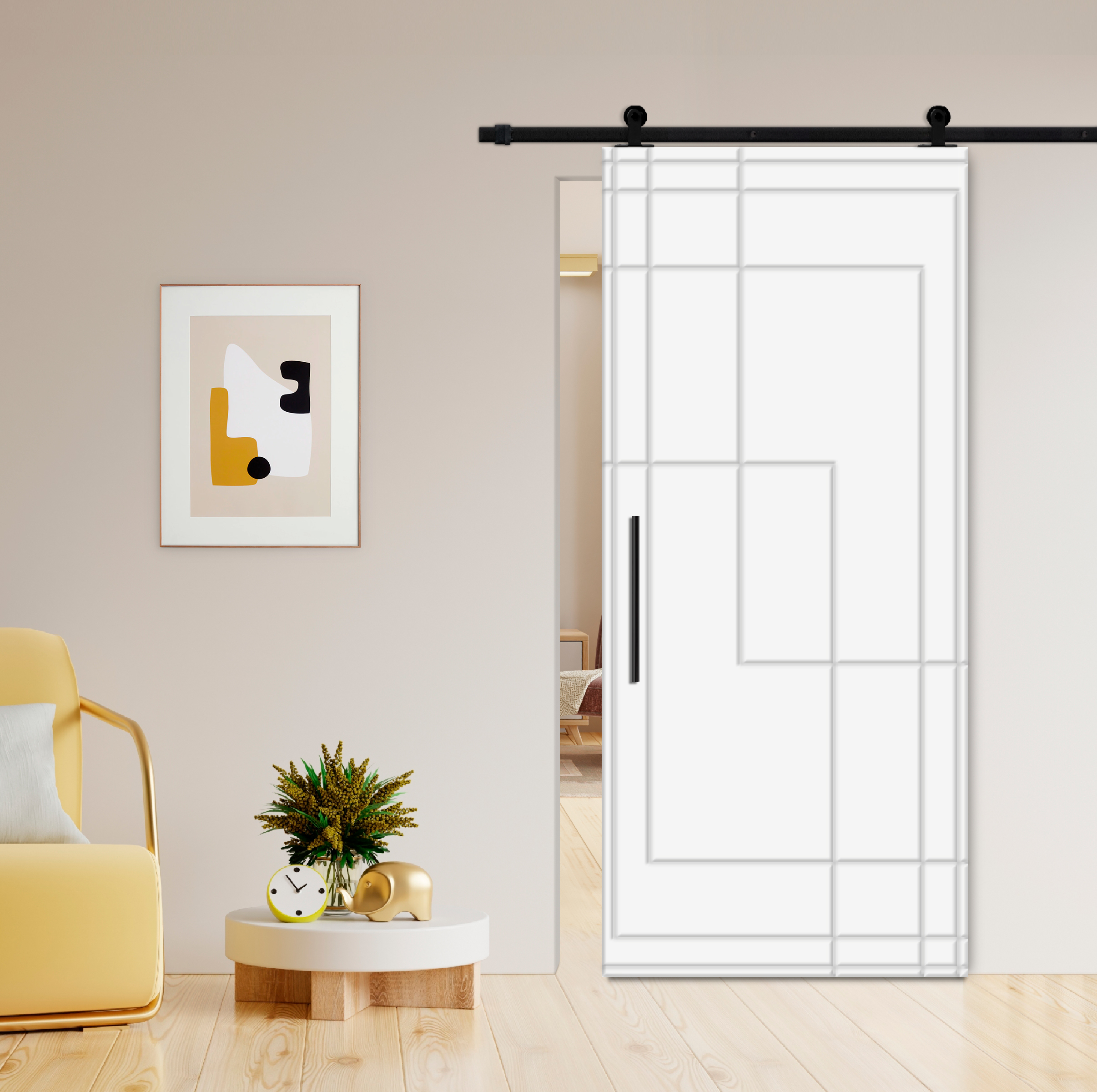 Flush Sliding Barn Door with CNC Engraving CCD-7698 White (Carbon steel)