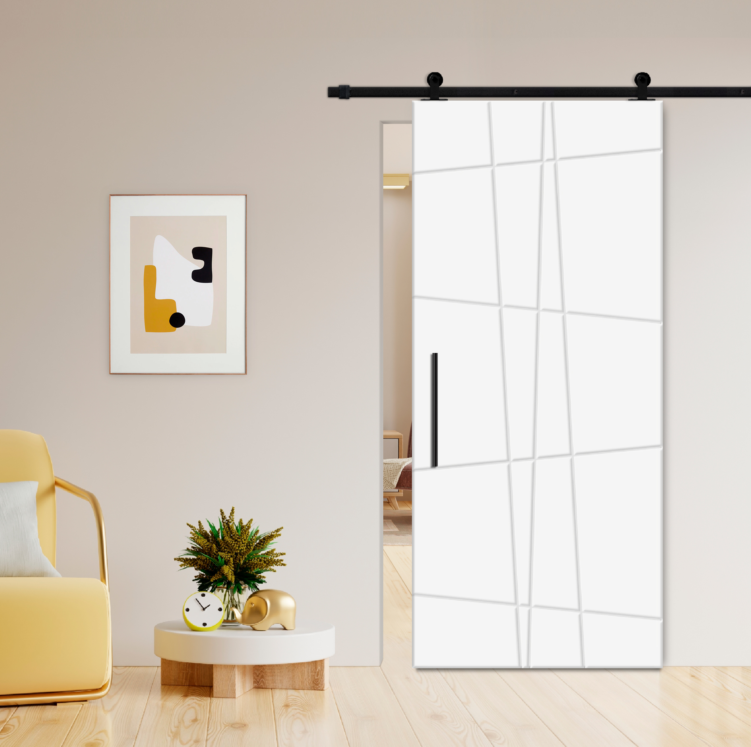 Flush Sliding Barn Door with CNC Engraving CCD-7698 White (Carbon steel)