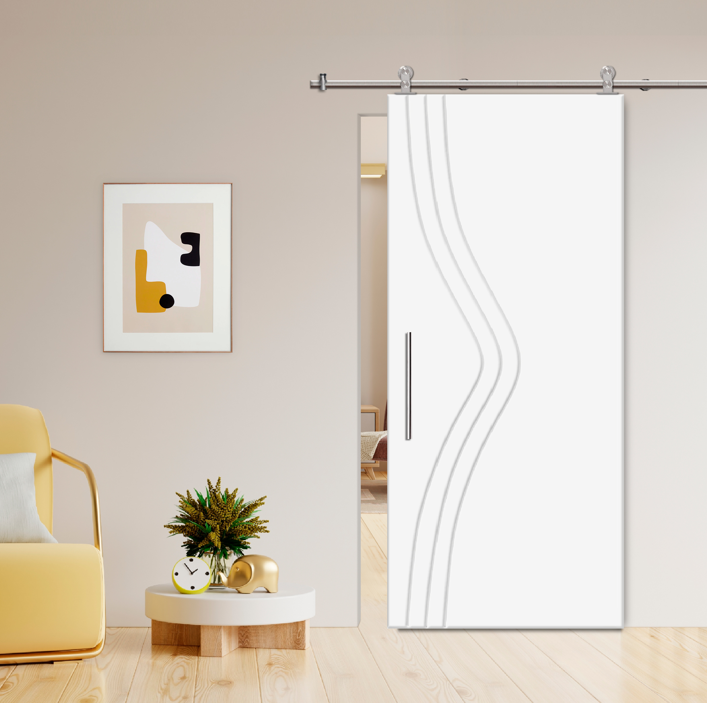 Flush Sliding Barn Door with CNC Engraving (Stainless Steel)