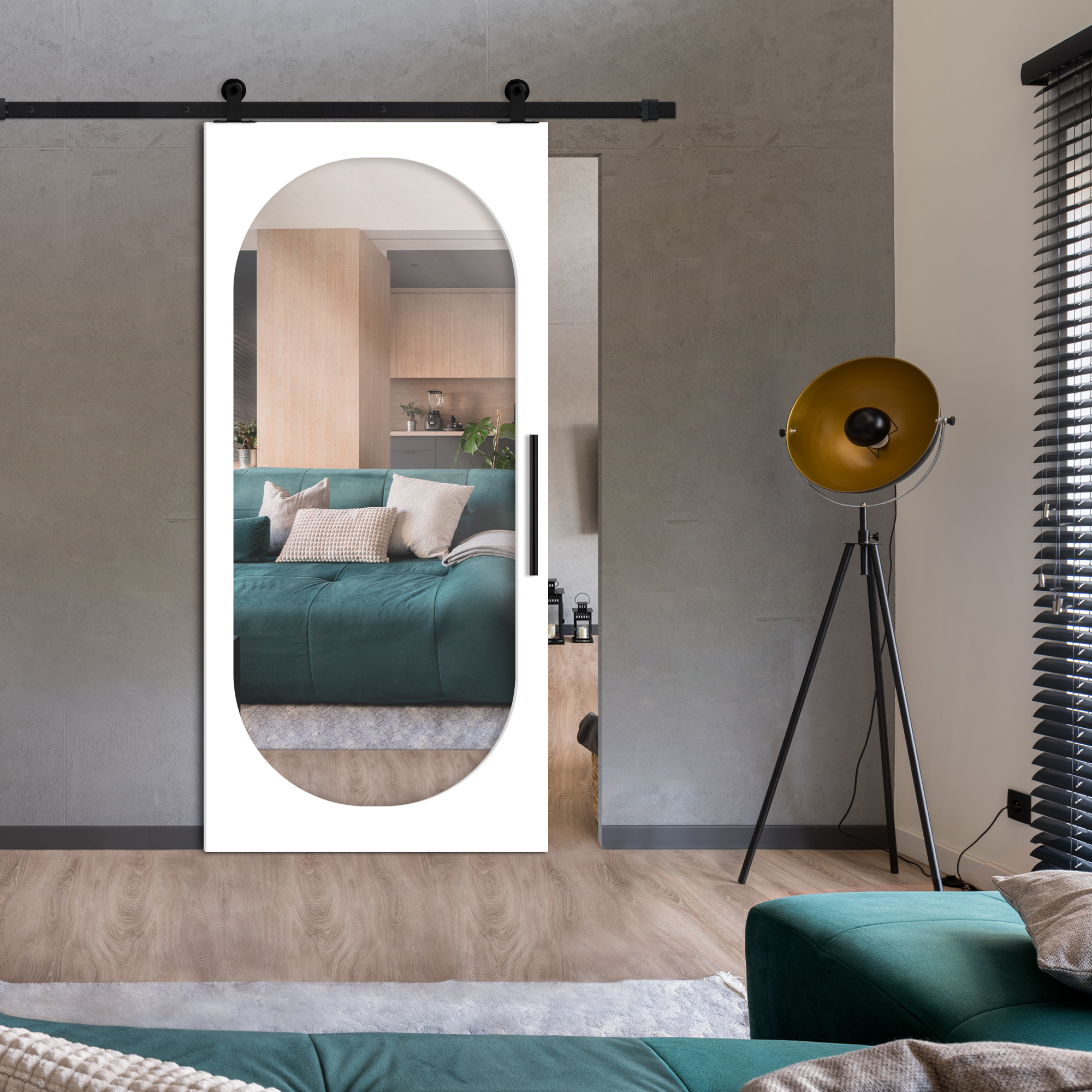 Mirror Sliding Barn Door with  Oval Shape Mirror Insert  (Carbon steel hardware) WMD-7649